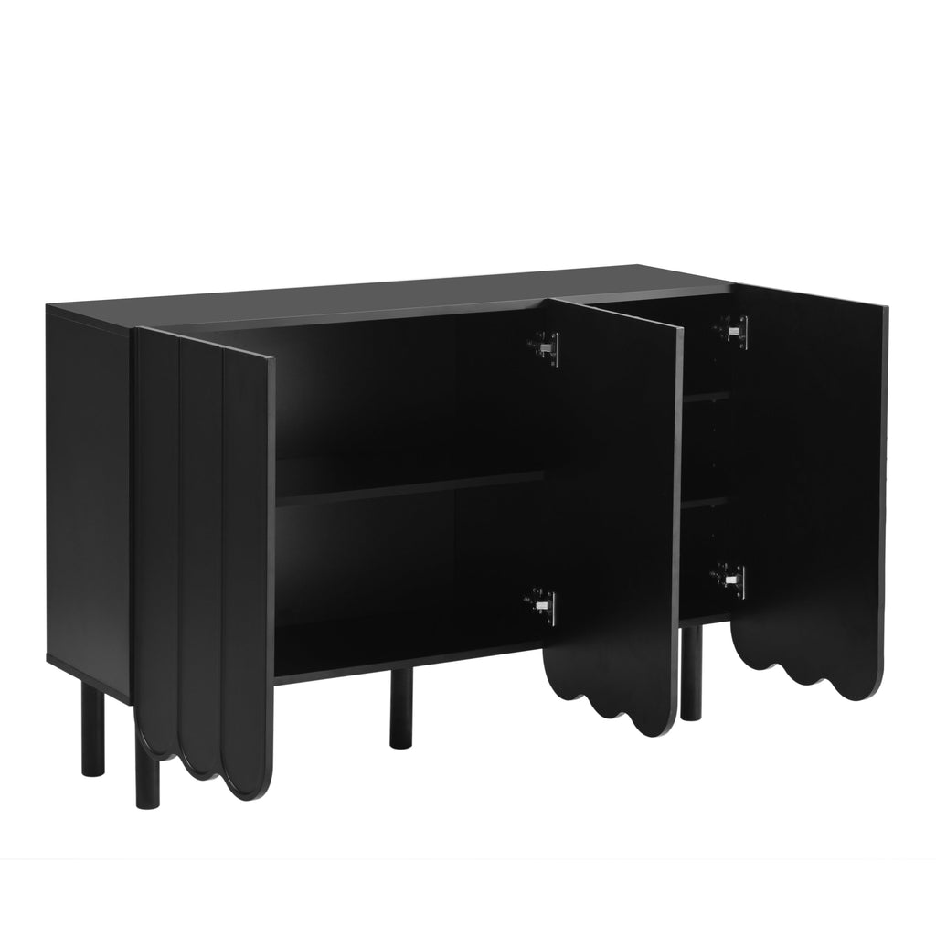 ON-TREND Cream Style Minimalist Shoe Cabinet with 5 Solid Wood Legs, Sideboard Buffet Cabinet with Adjustable Shelves, Large Storage Cabinet with Wave Doors for Living Room, Black