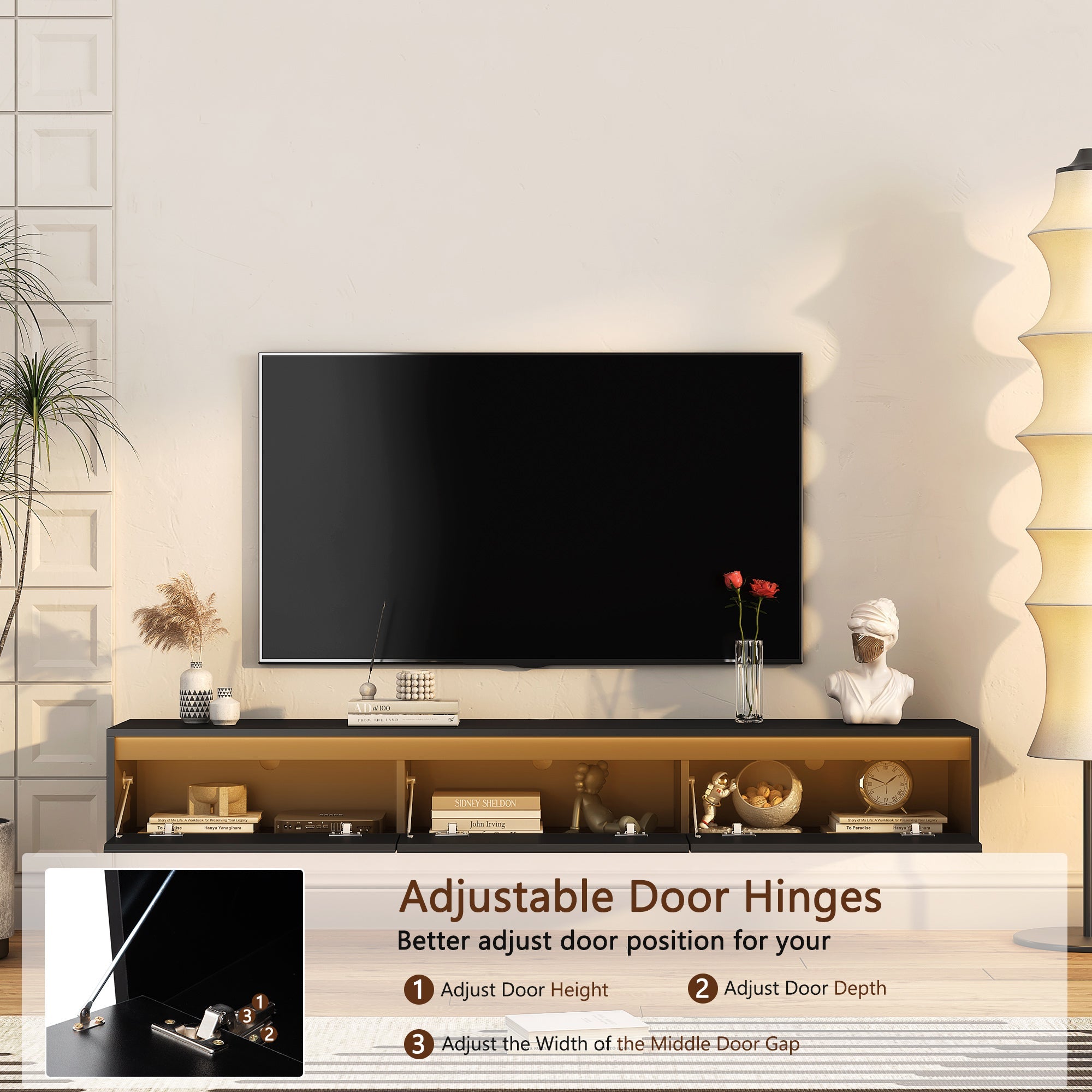 Floating TV Stand, Wall Mounted TV Shelf with Led Lights & Power Outlet,High Gloss TV Cabinet for Black tv Stands for Living Room