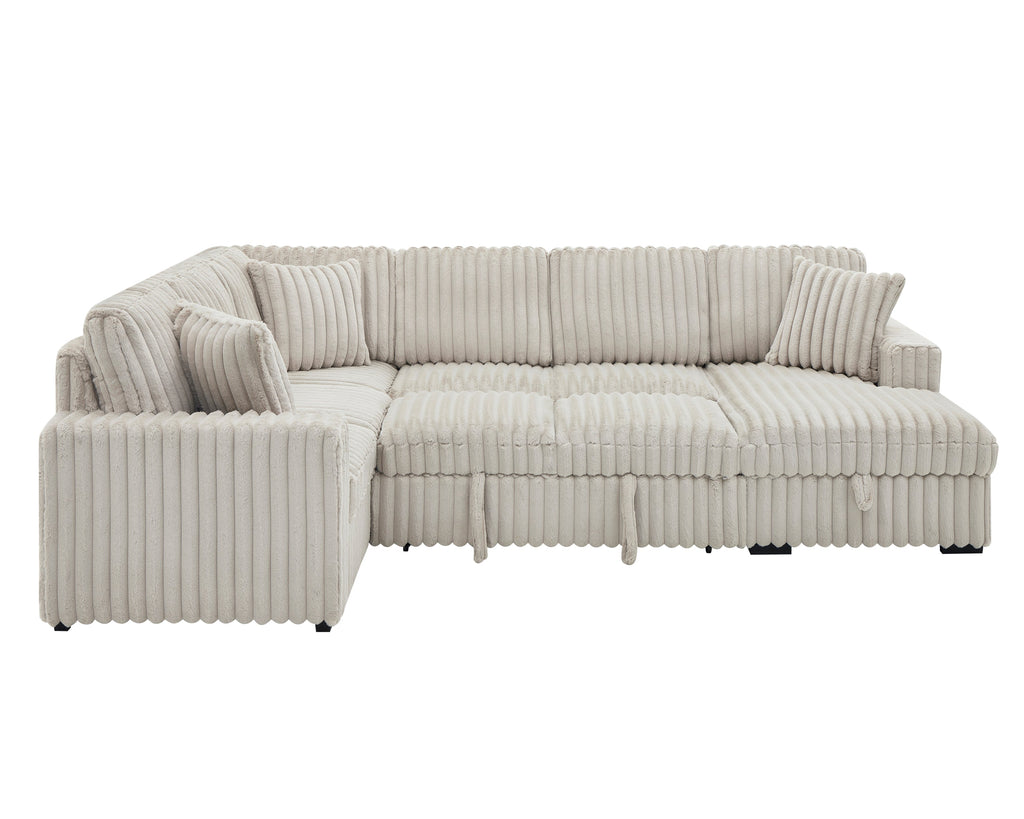 122 Inch Pull Out Couch, Rabbit plush Fabric Sofa Bed with USB Ports & Comfy Upholstered, Oversized U Shape Sectional Sleeper Sofa Bed with Storage Chaise, Khaki