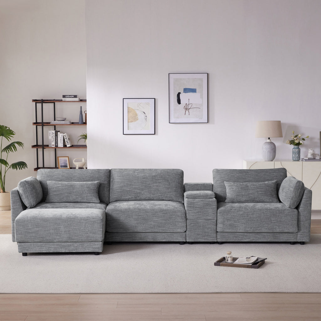 [VIDEO+NEW]124'' Modular Sectional Sofa with Storage Console and Movable Ottoman,33'' Wide Seat,4 Seat L Shaped Chenille Couch,Reversible Comfy Sofa with USB Charger for Living Room,Apartment,2 Colors