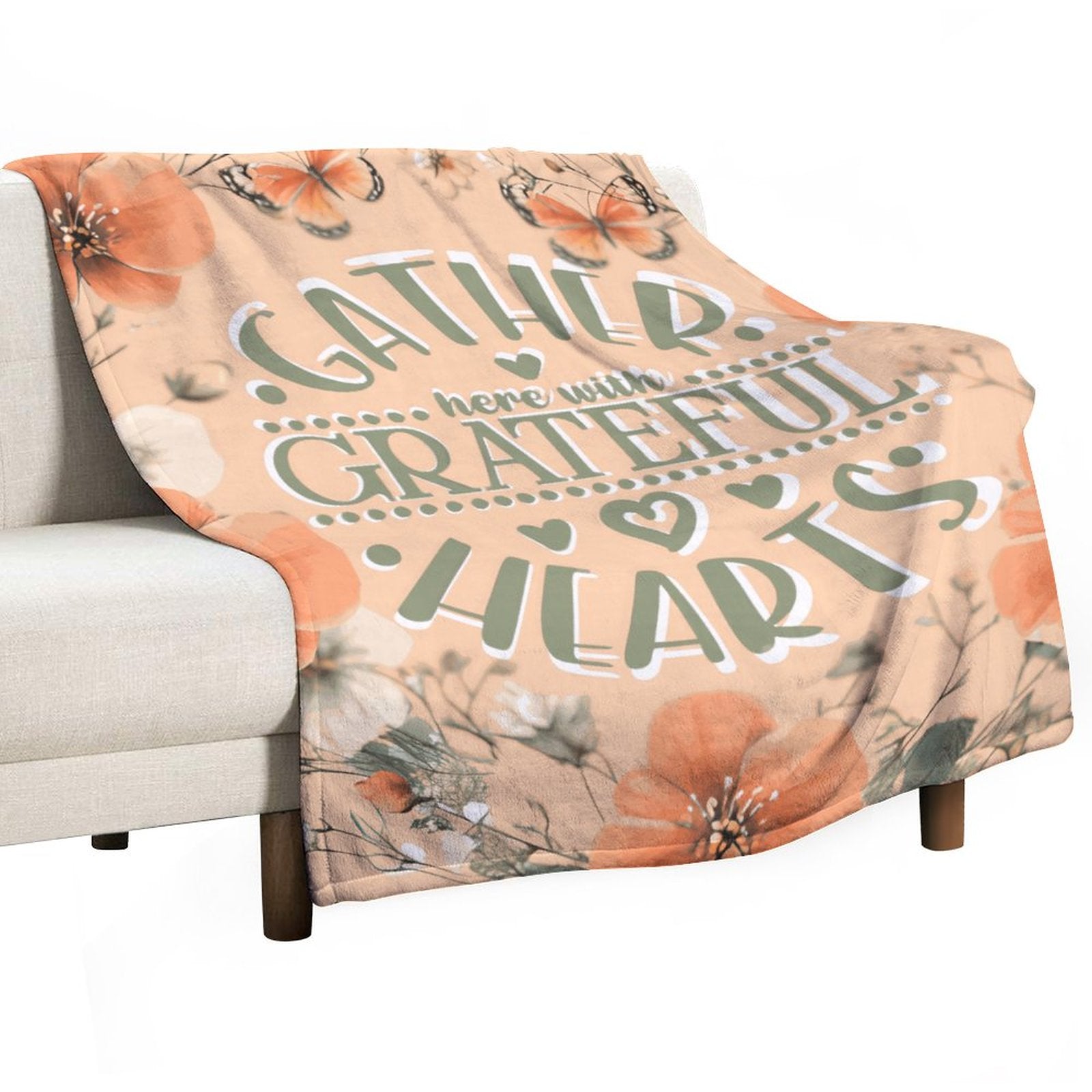 Gather Here with Grateful Hearts Orange Flannel Throw Blanket - 40"×50"