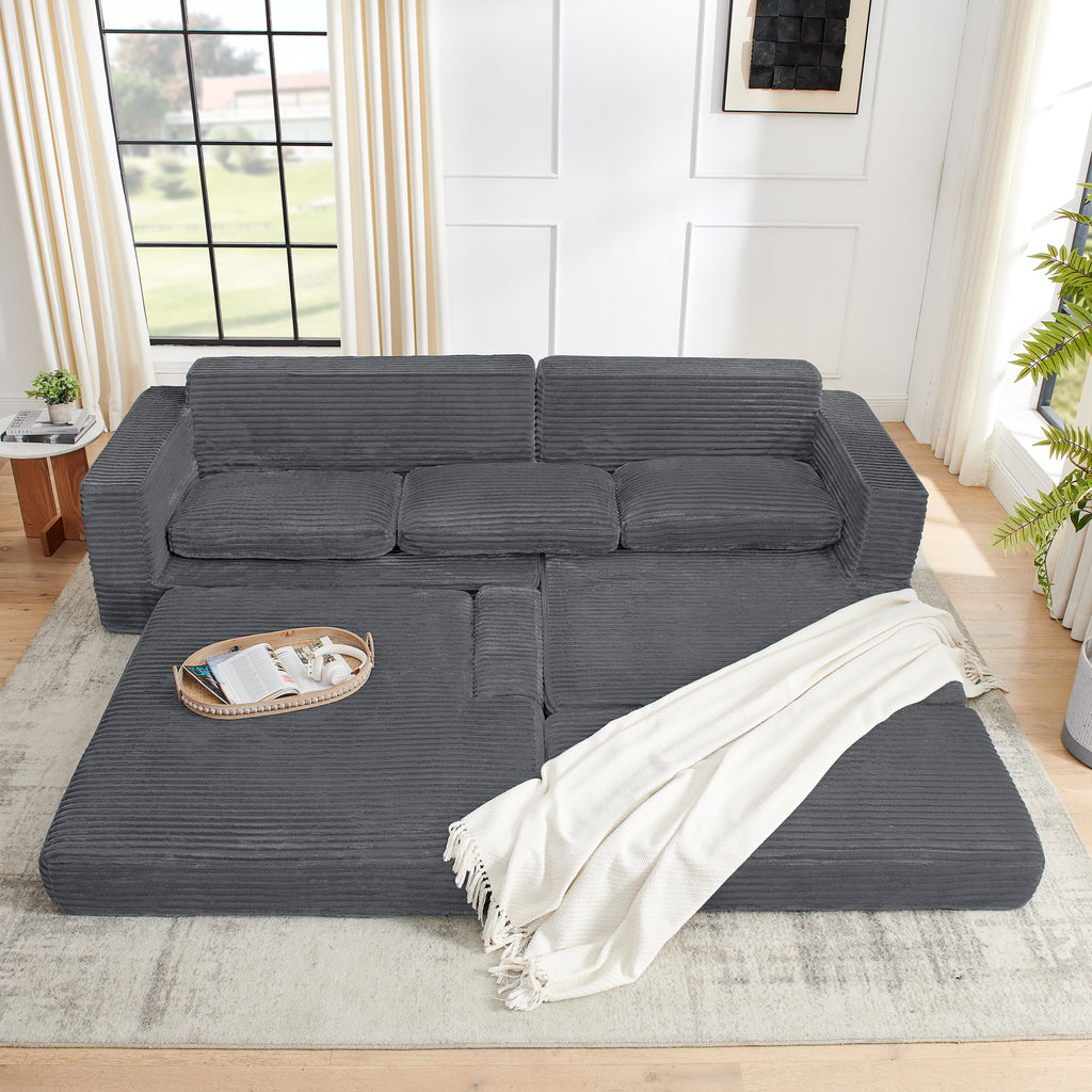 Minimalist L Shape Modular Sectional Sofa Bed in Gray Corduroy Fabric