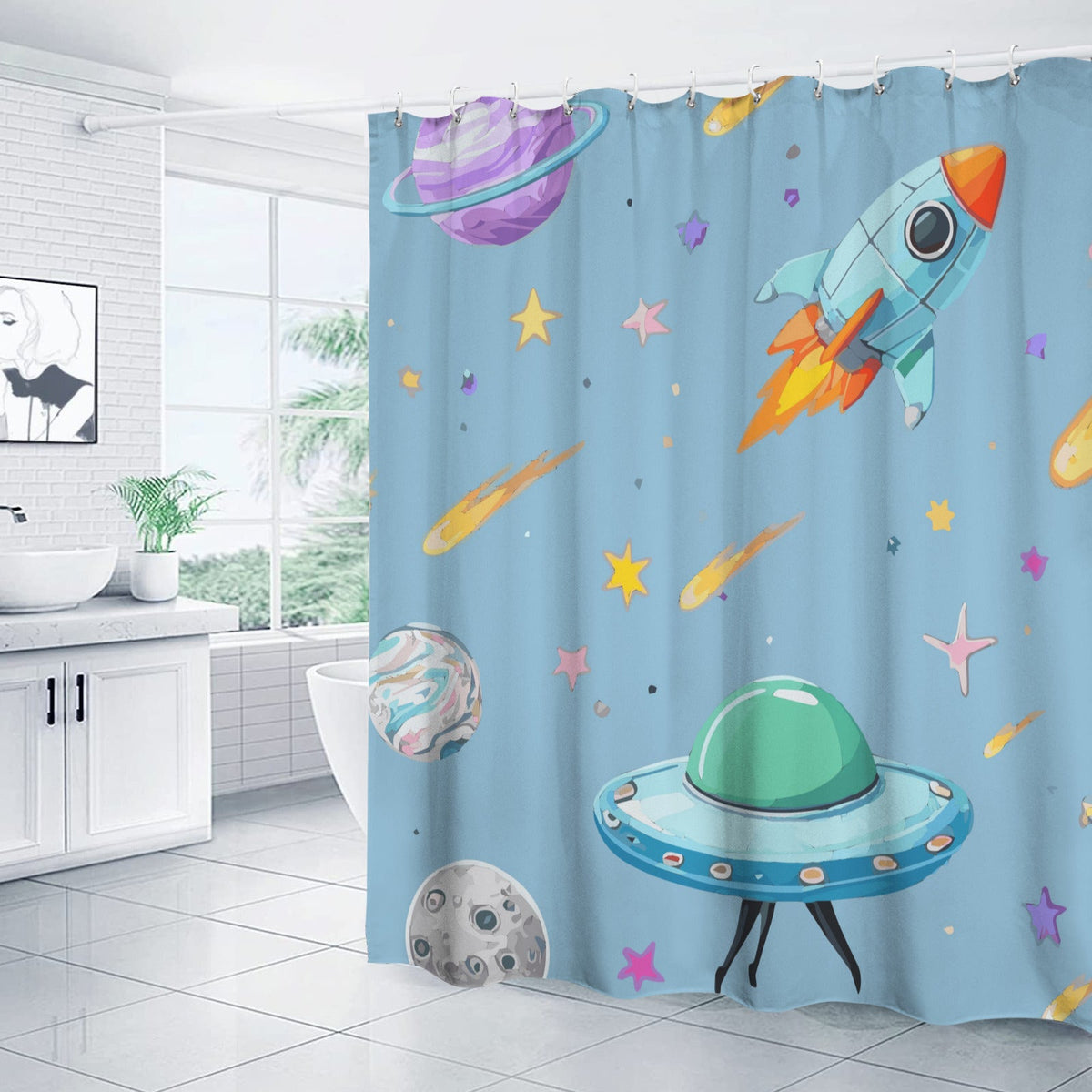 Space Illustration with Rocket Shower Curtain 66x72inch（Made in USA）