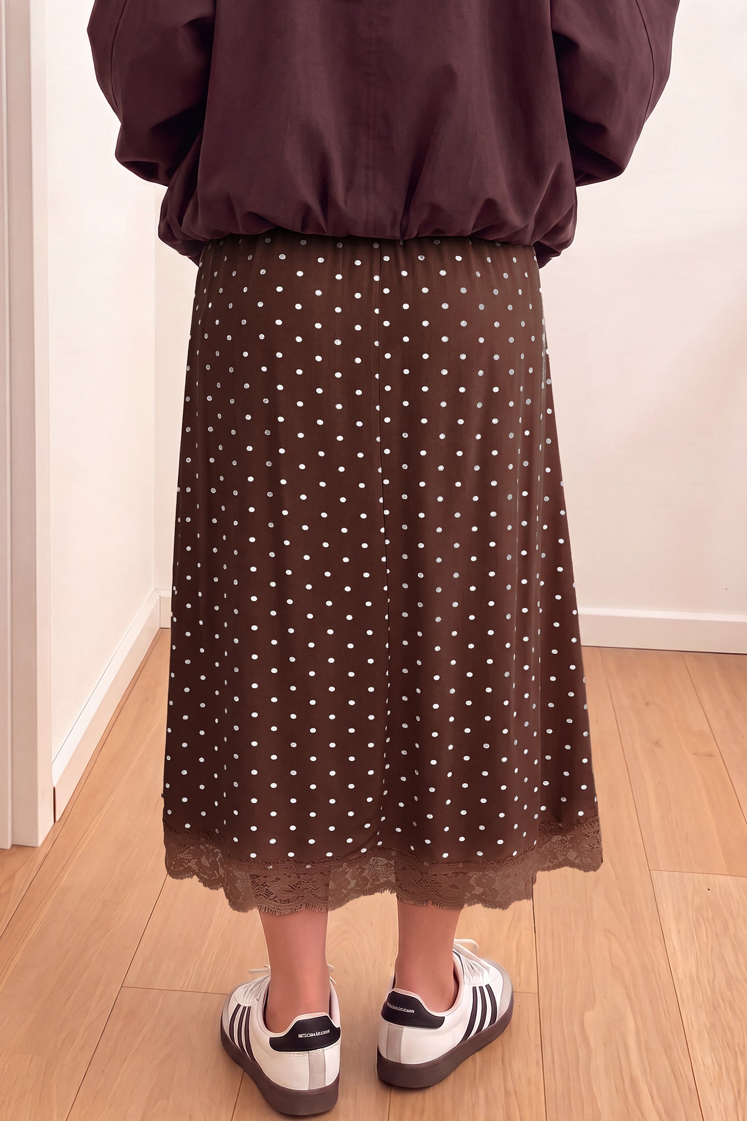 Polka Dot Lace Hem Midi Skirt