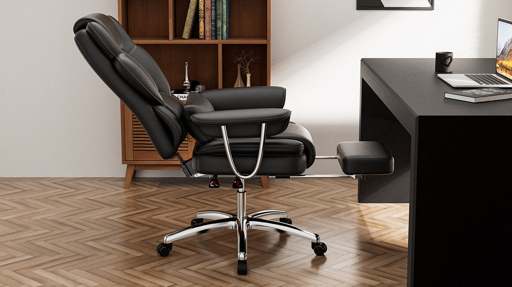 Office Chair, Big and Tall Executive Office Chair with Footrest, Leather Computer Chair, Ergonomic Reclining Chair High Back, Large Home Office Chair (Black)