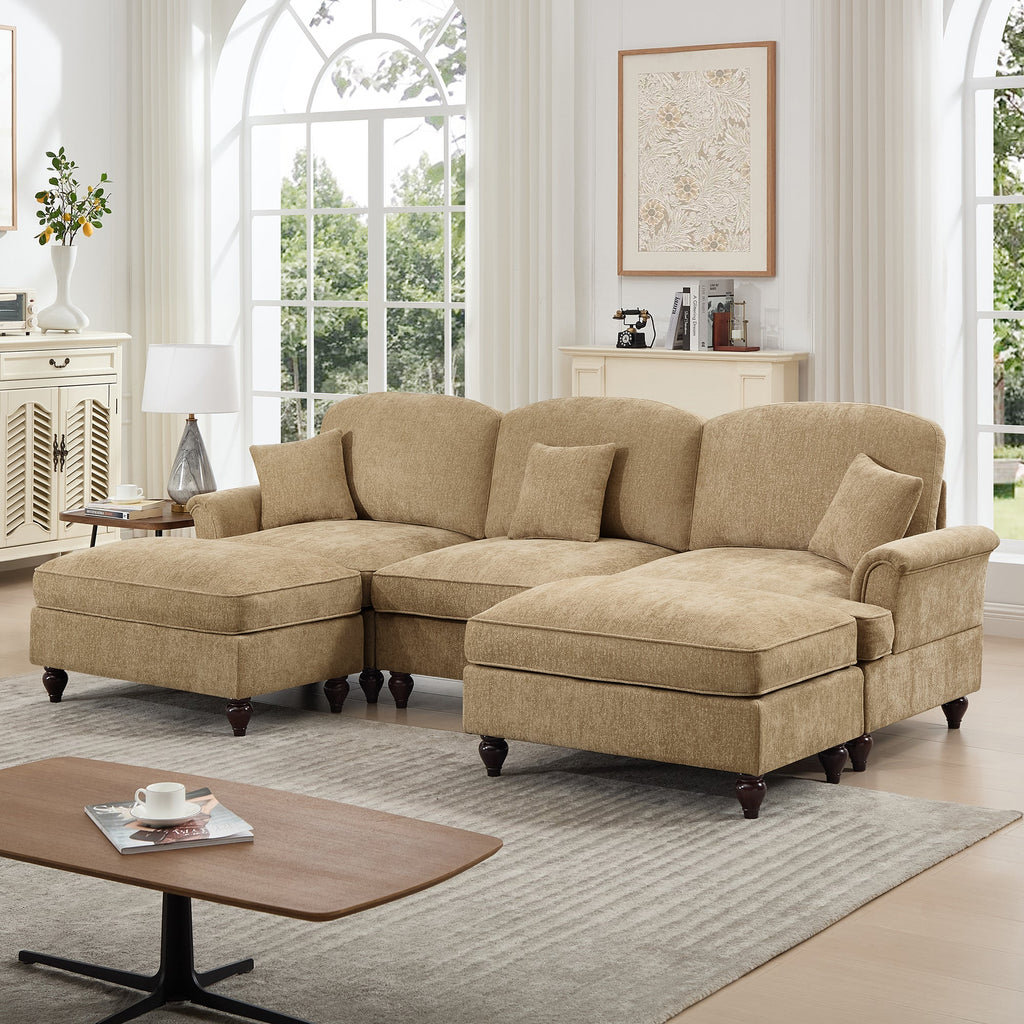 Classic Comfy Modular U Shape Sectional Sofa Couch with Flared Arms and Removable Ruffles Pleats Skirts and Spindle Legs, Upholstered Chenille Deep Seat Cloud Sofa with Movable Ottomans, Light Coffee