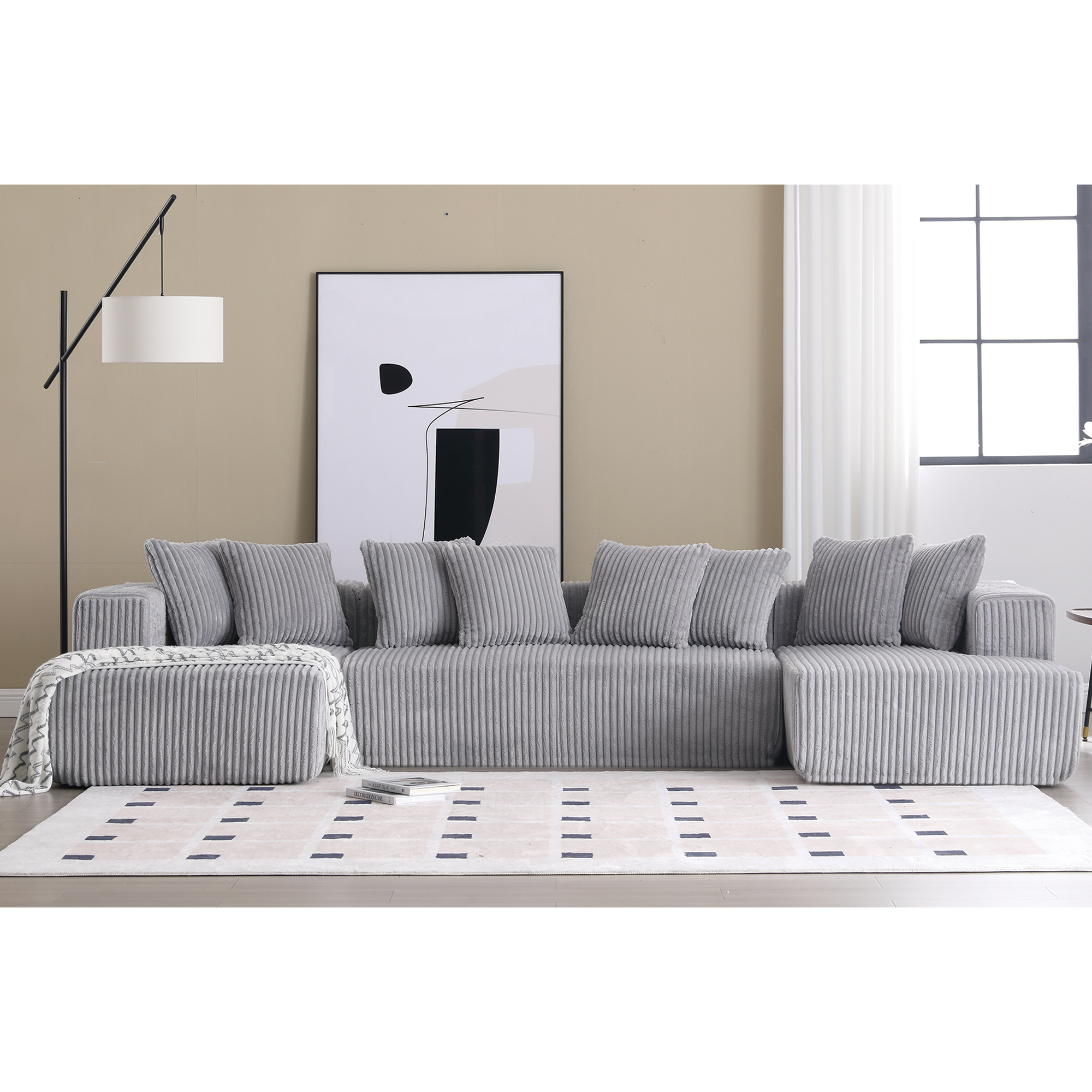 [NEW ARRIVED] [VIDEO PROVIDED]133.45'' Modular Sectional Couch, U-shaped sofa , Chaise Lounge, Striped fabric,Upholstered 4 Seater Couch for Living Room, Free Combination Sofa (Corduroy), Gray
