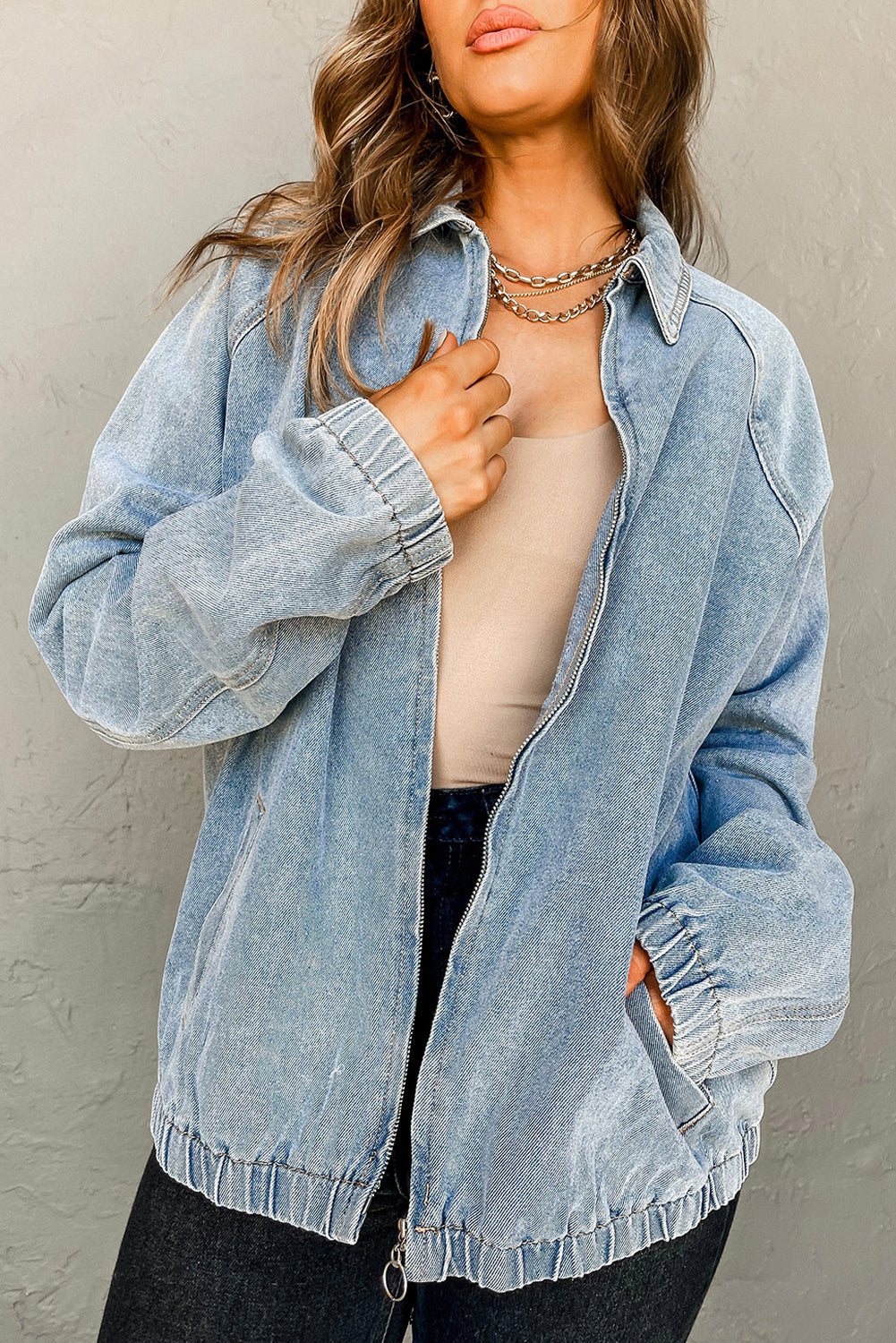 Myosotis Denim Jacket Zip Up With Elastic Hem Raglan Sleeves