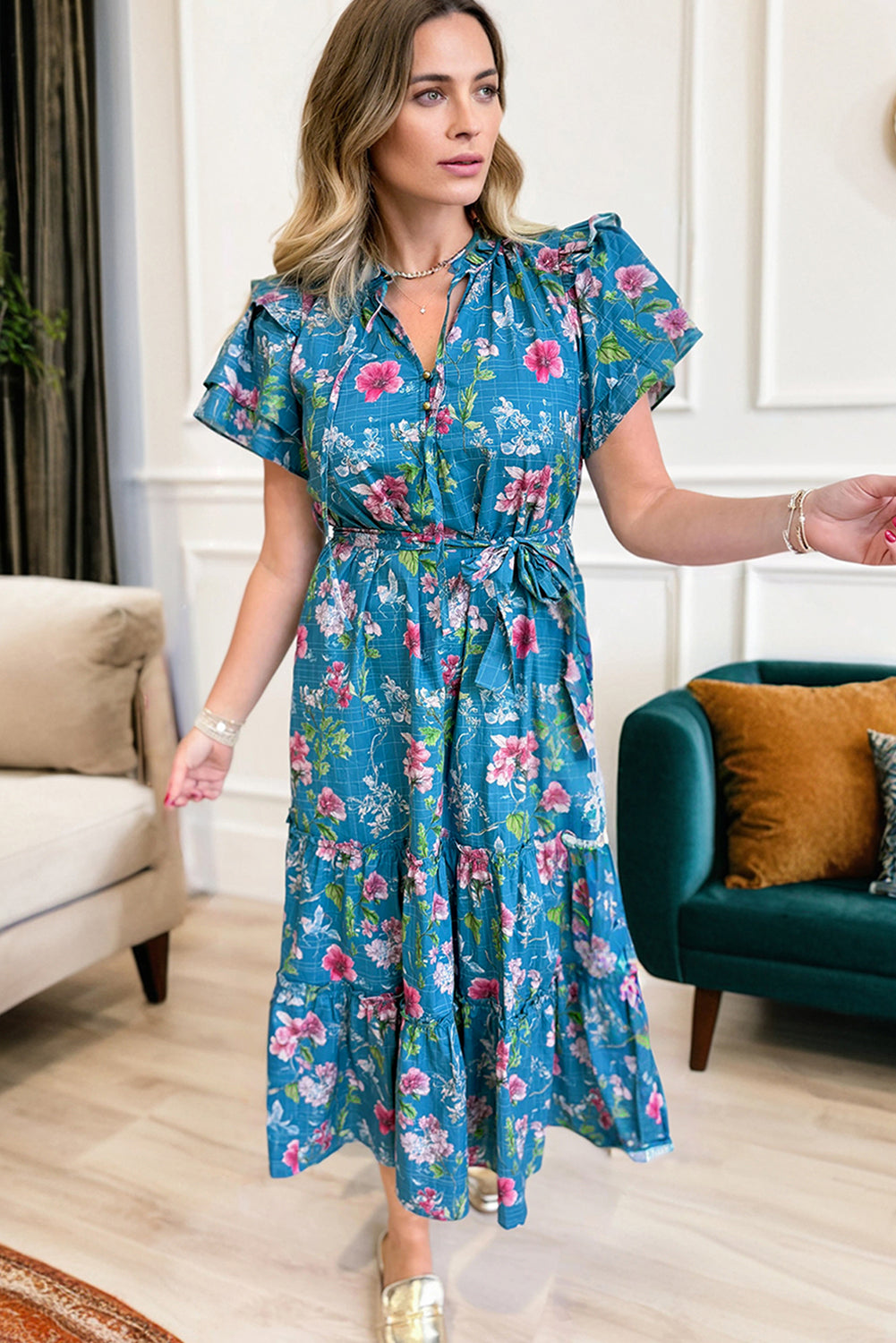 Floral Flutter Sleeve Tie Neck Belted Midi Dress