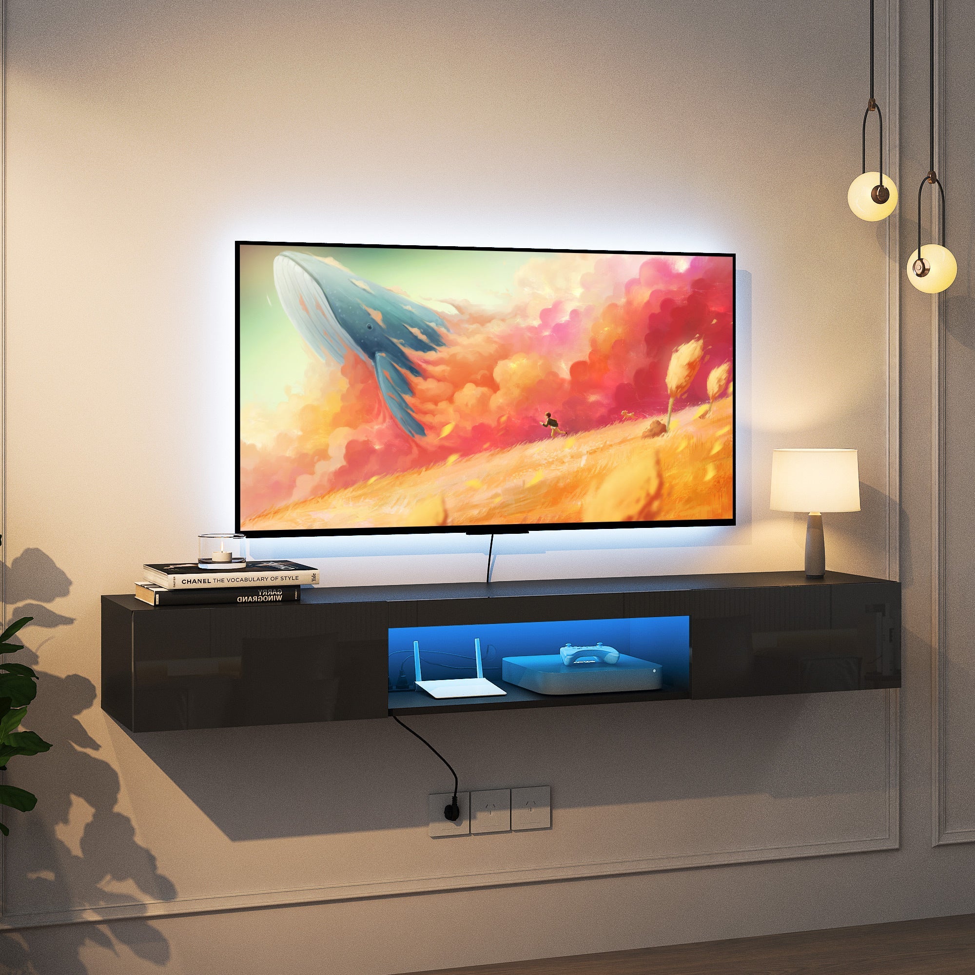 Floating TV Stand Wall Mounted with 16 Color LEDs,63' Modern TV Stand, Floating TV Cabinet Entertainment Center for 55 60 65 Inch TV,Black