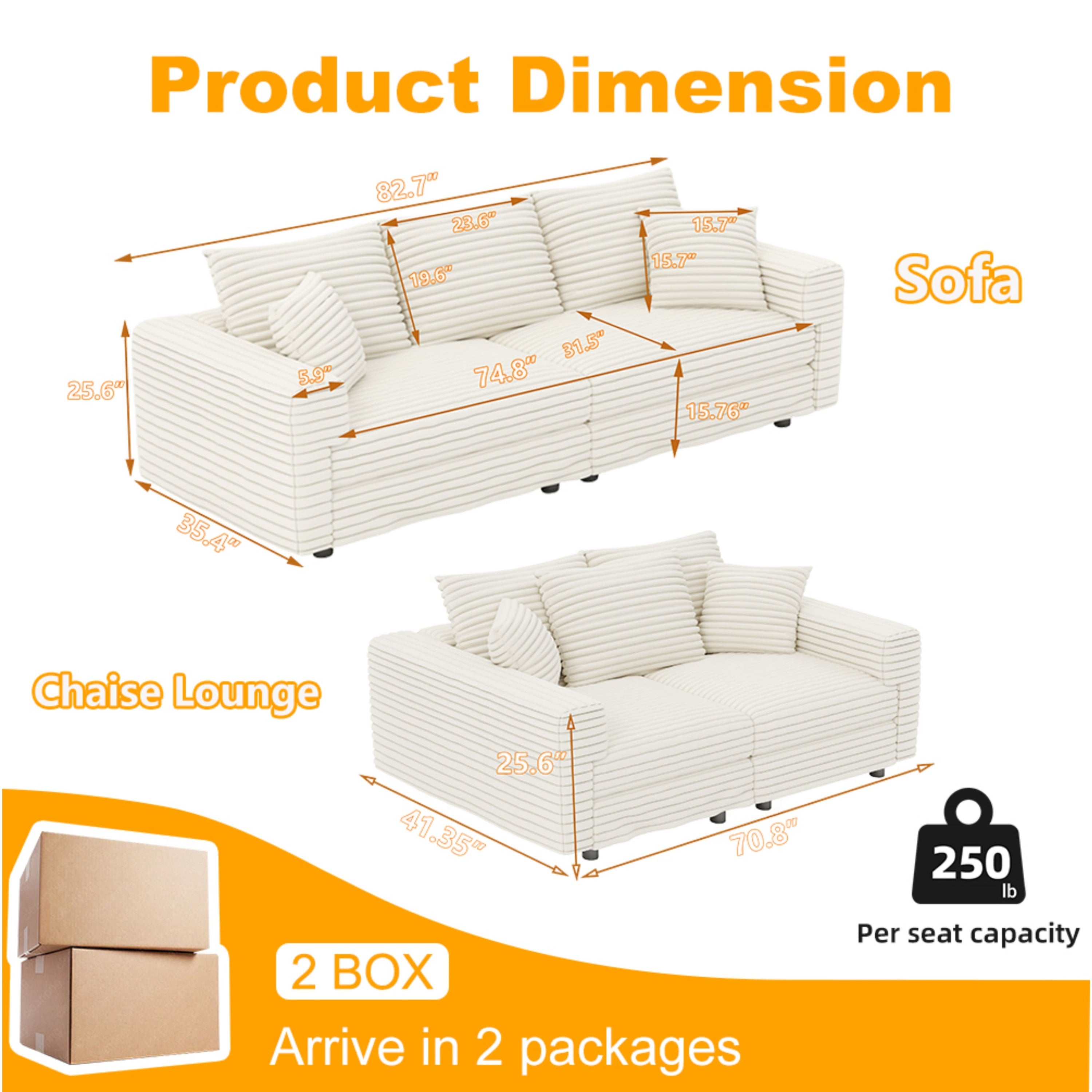 82.7 ' Plush Corduroy 3-Seat Sofa,Modern Comfy Upholstered Sofa Cloud Couch,Deep Seat Couches with Soft Pillows,Convertible Deep Seat Sofa Lounge Chair for Living Room Bedroom,Apartment,Office,Beige