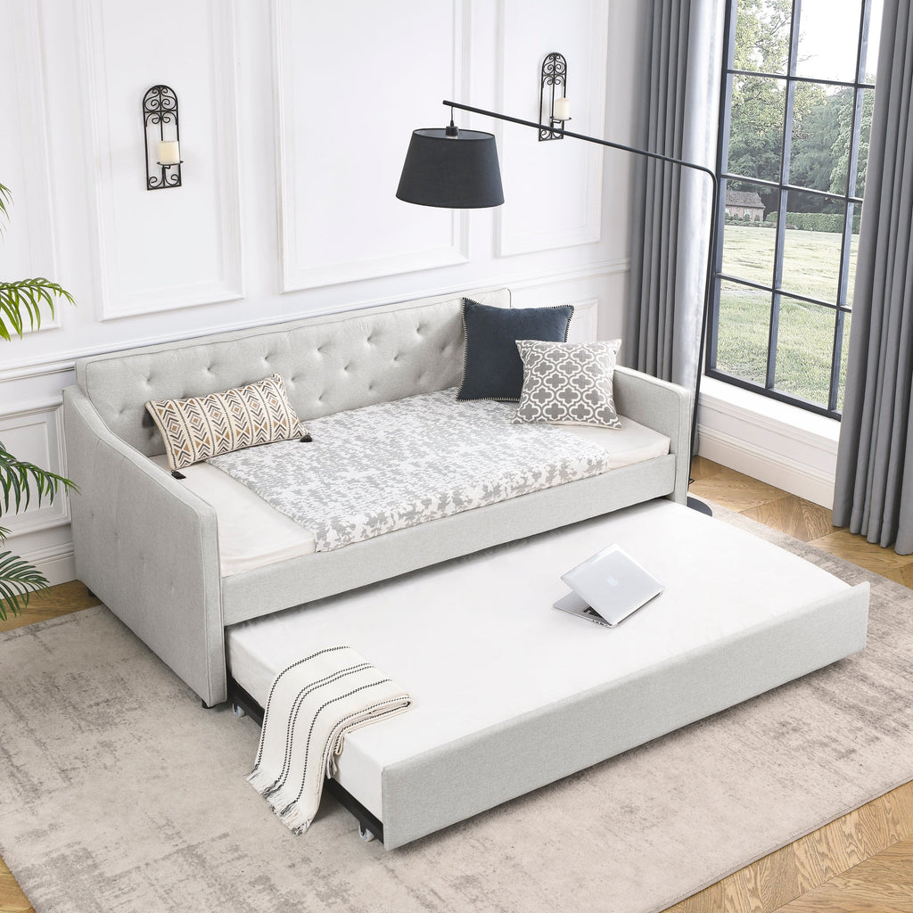 Twin Size Daybed with Twin Size Trundle Upholstered Tufted Sofa Bed,  Waved Shape Arms, Beige (80.5'x44.5'x33.5')
