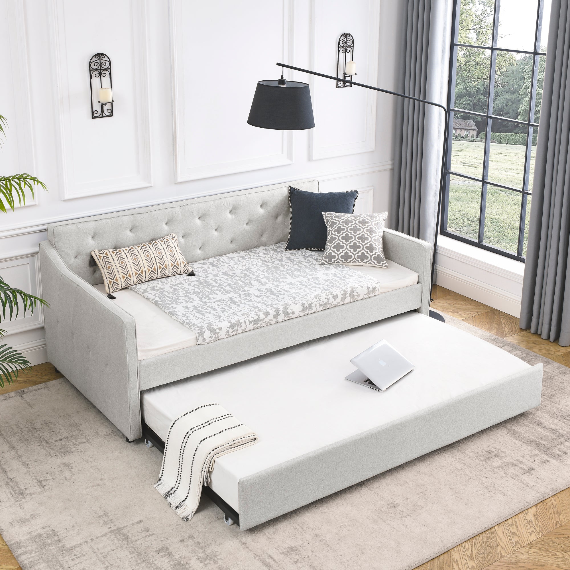 Twin Size Daybed with Twin Size Trundle Upholstered Tufted Sofa Bed,  Waved Shape Arms, Beige (80.5'x44.5'x33.5')