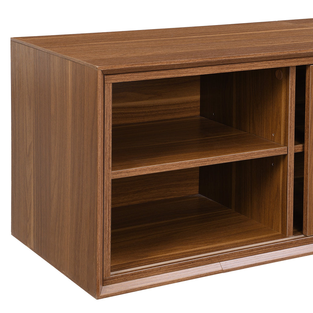 Mid-Century Modern 2 in 1 Cat Furniture, Cat House Litter Box Enclosure Walnut TV Stand With Extendable table, Sliding door. Wood TV Cabinet with Storage