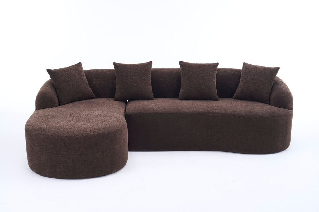 Compression Sponge L-Shape Sectional Sofa with Curved Chaise, Brown Modular Chenille Couch No Assembly Required, 30D High-Density for Living Room Bedroom Apartment Lounge.