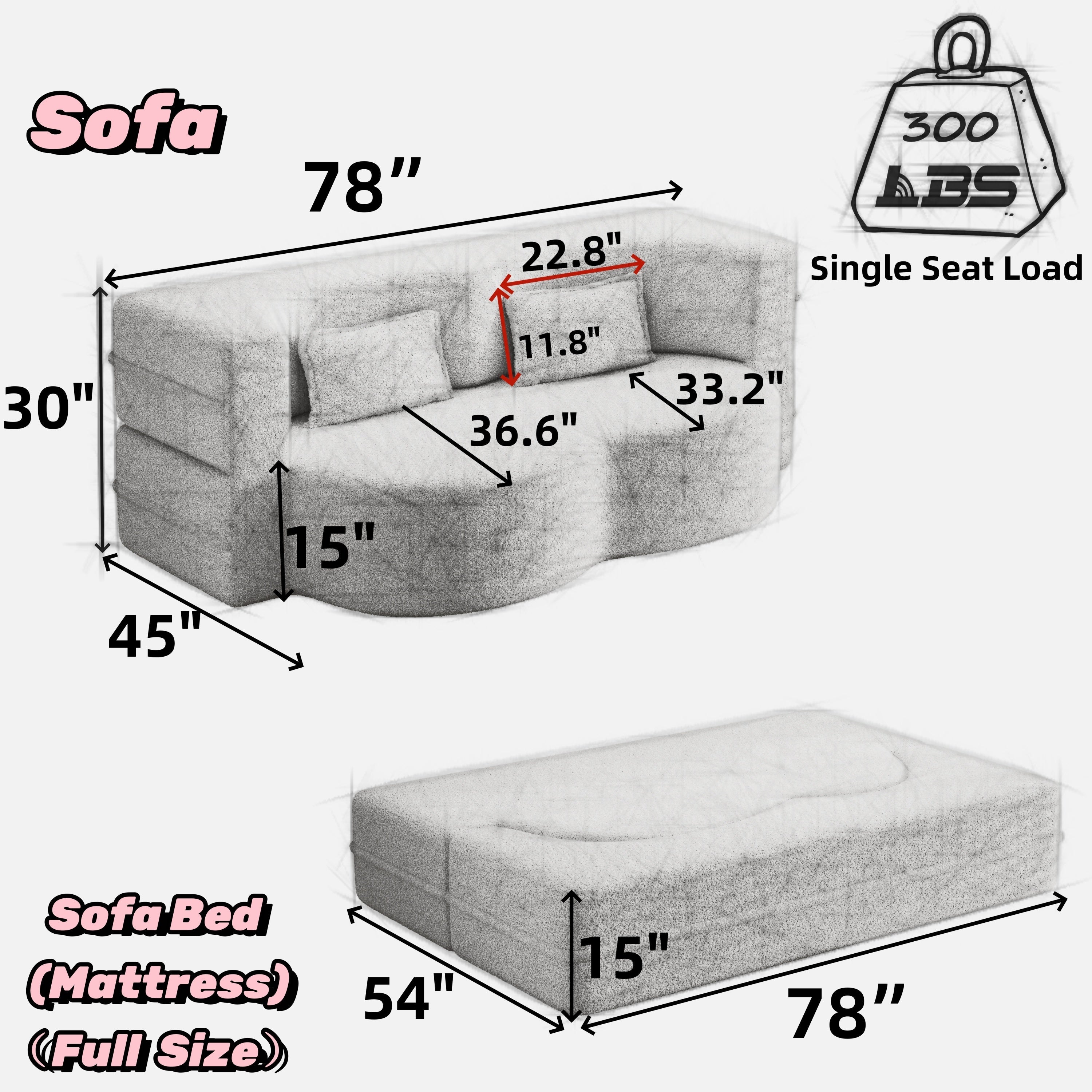 Modern Floor Sofa, with 2 Pillows, Convertible Teddy Fabric Foam Filled Bed, 15 inch Full Size Folding Mattress, Suitable for Living Room, Guest room, Game Room, Grey