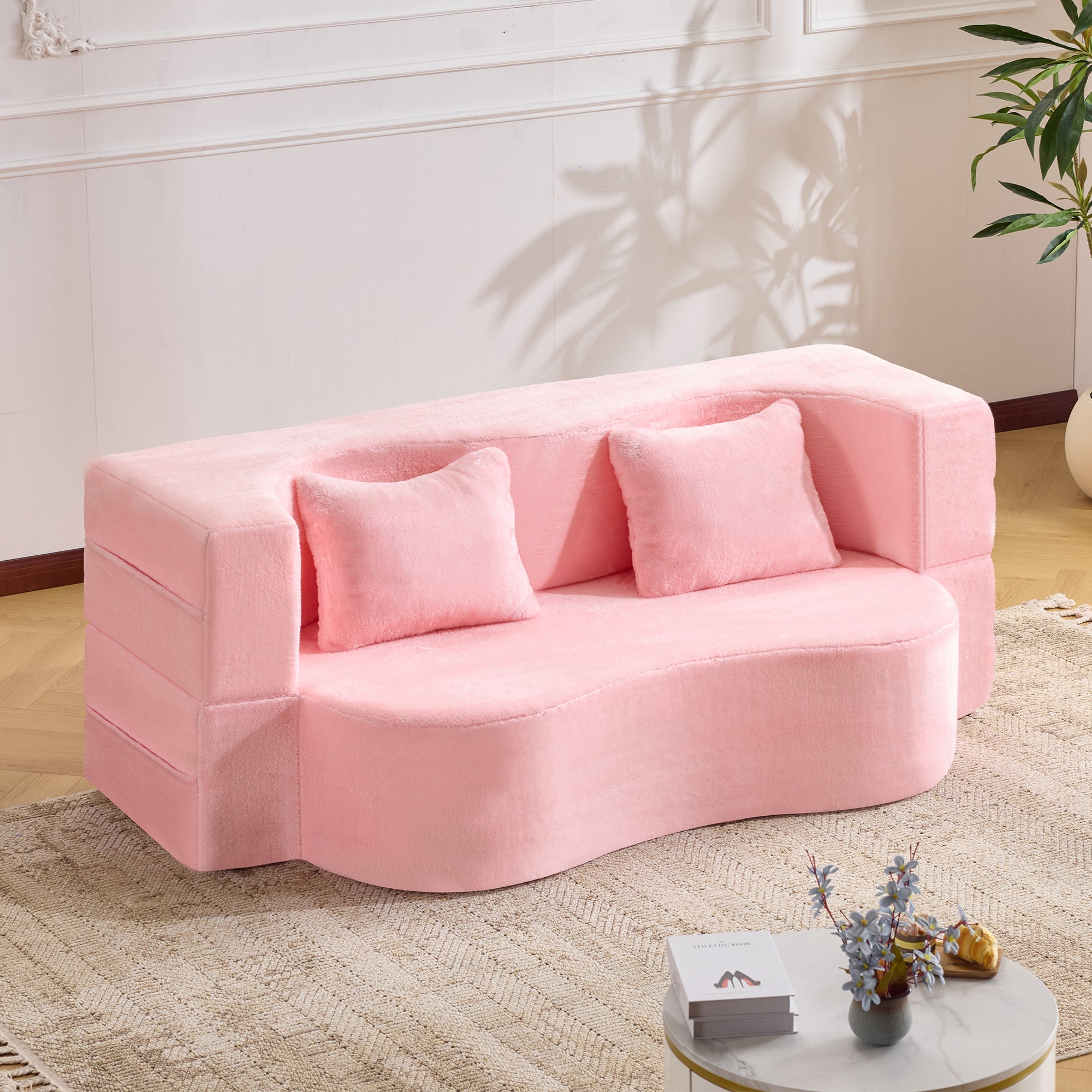 71-inch folding sofa bed, chenille futon sofa bed, high-density foam convertible sofa bed, folding floor sofa bed for living room, guest room, bedroom, pink