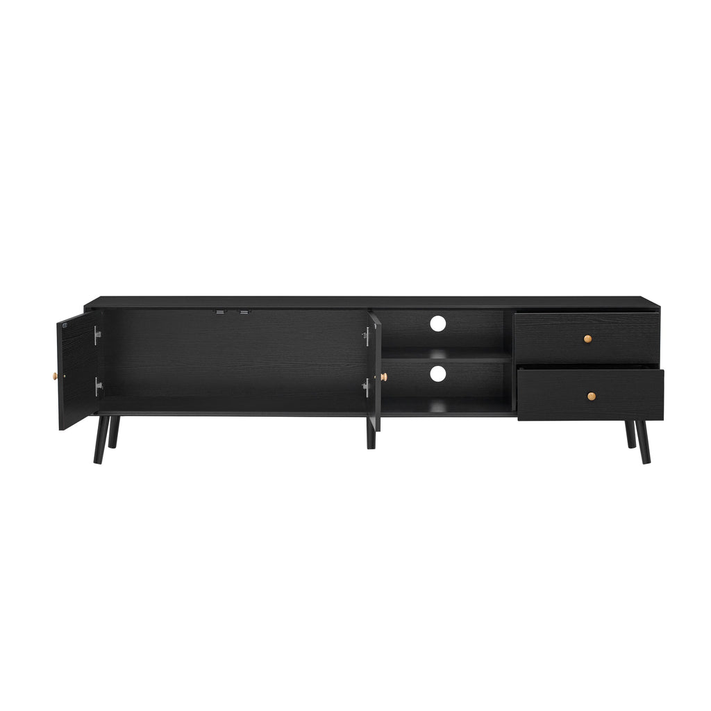 70' TV Stand for TVs up to 80 Inches, Mid Century Modern Entertainment Center with Rattan Doors, 2 Drawers, and Open Shelf, Television Stand for Living Room