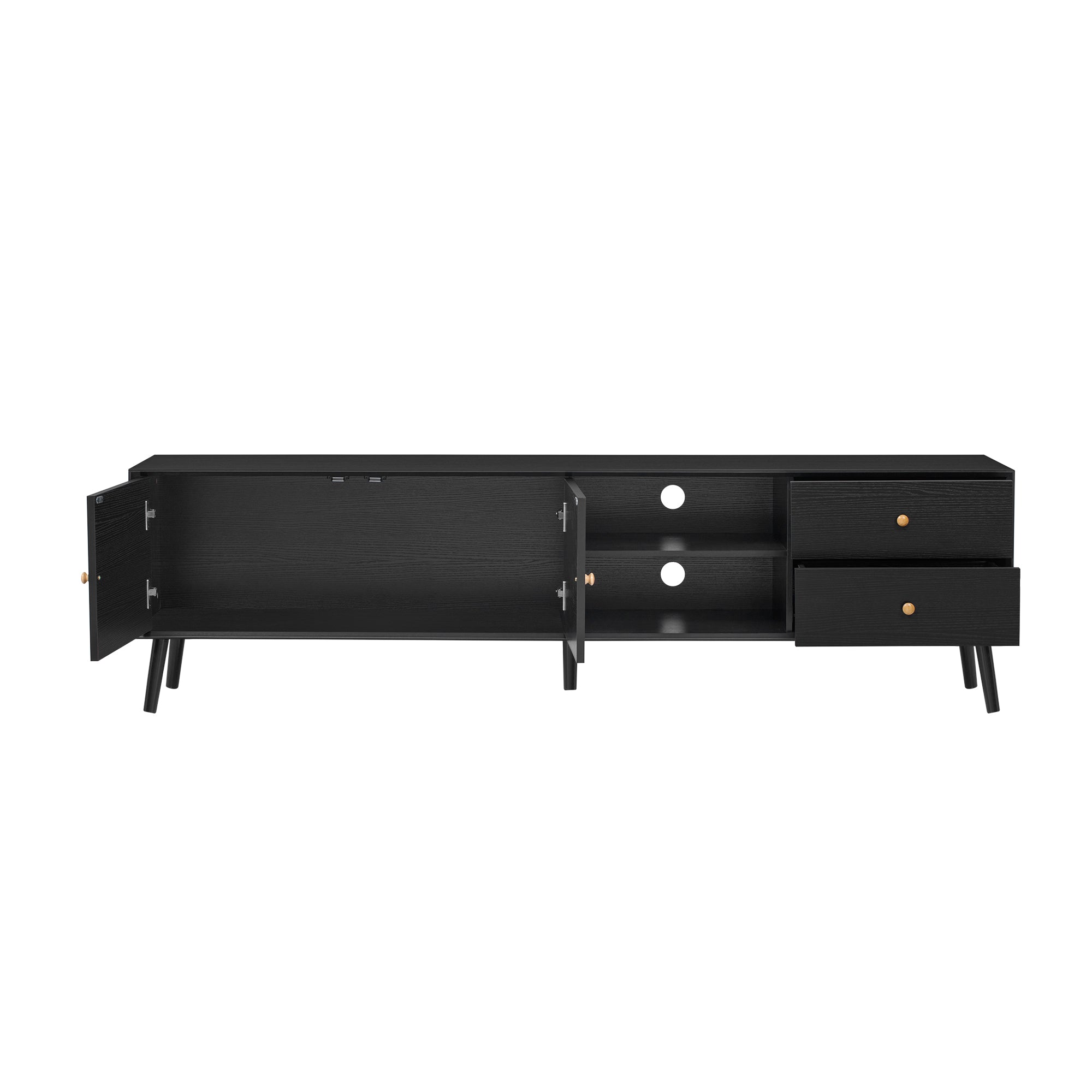 70' TV Stand for TVs up to 80 Inches, Mid Century Modern Entertainment Center with Rattan Doors, 2 Drawers, and Open Shelf, Television Stand for Living Room