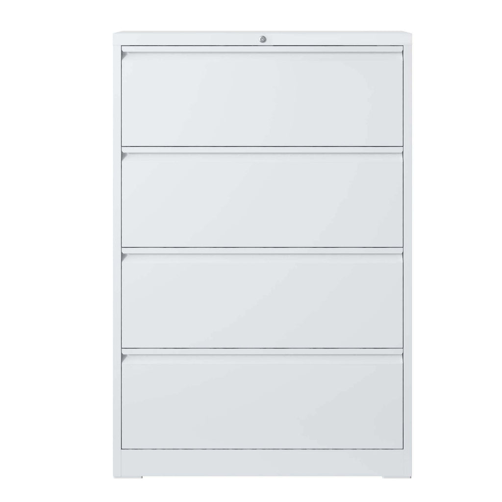 Modern Steel 4-Drawer Lateral File Cabinet with Lock, White Finish, Metal Construction, 35.43x15.75x52.28 inches