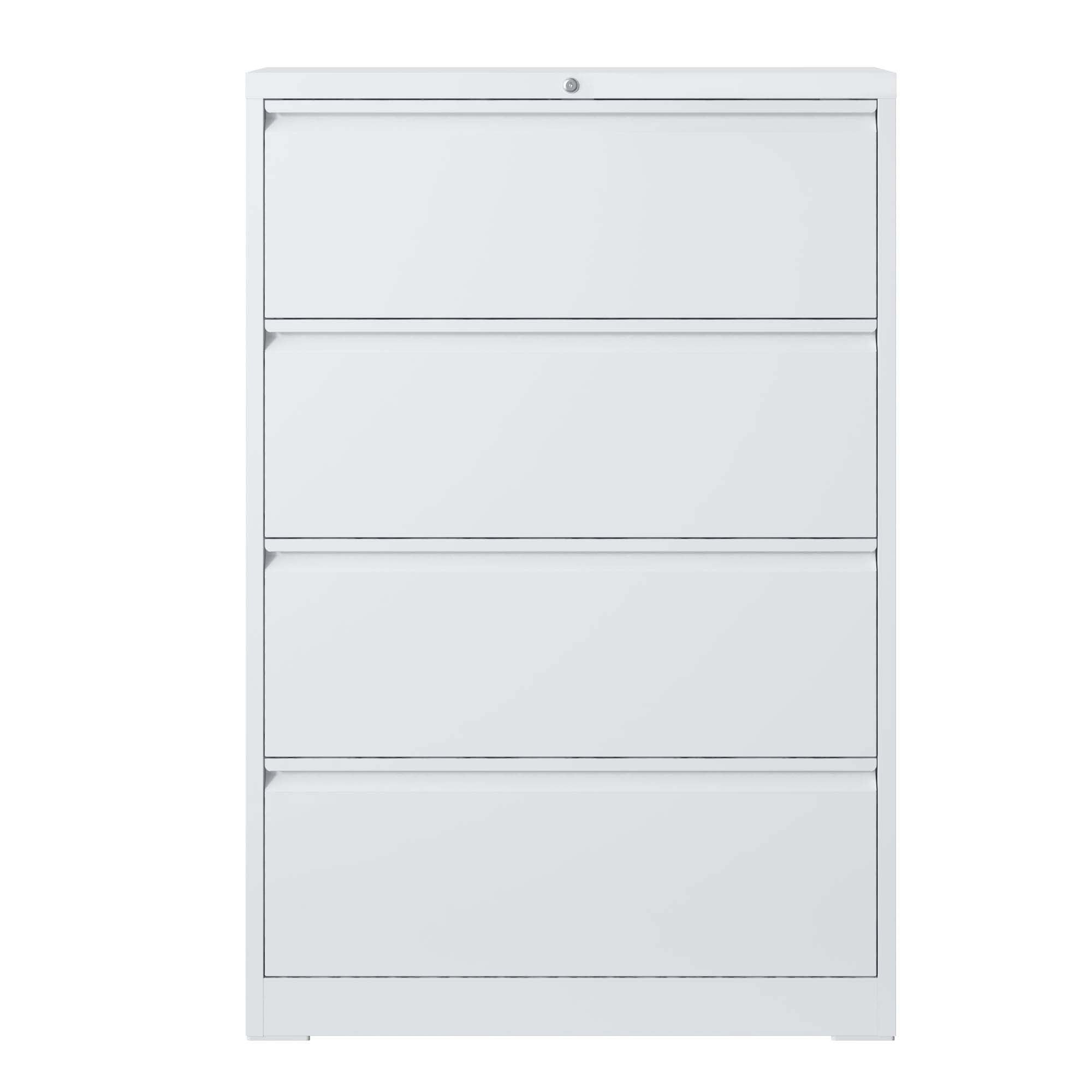Modern Steel 4-Drawer Lateral File Cabinet with Lock, White Finish, Metal Construction, 35.43x15.75x52.28 inches