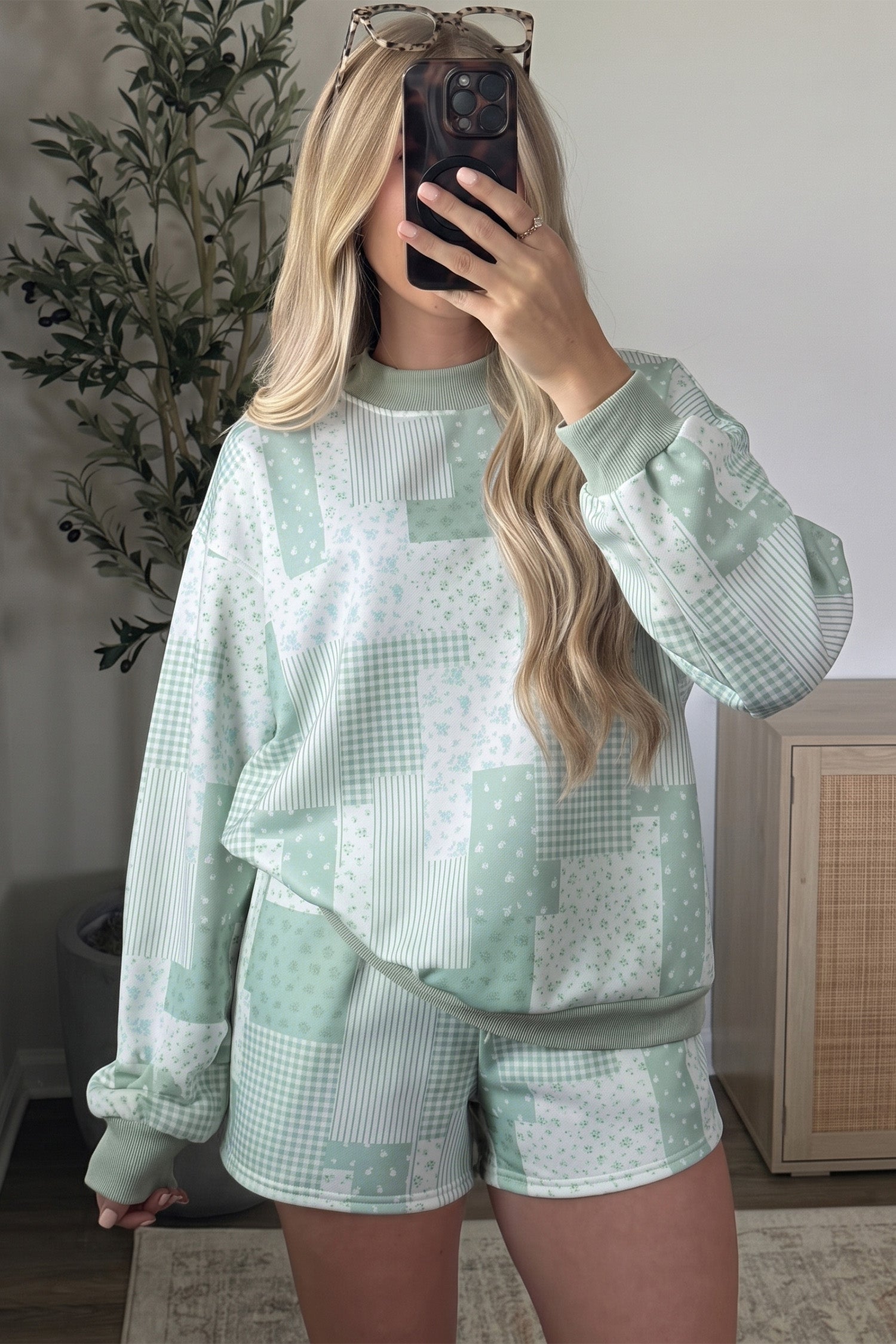 Floral Patchwork Sweatshirt & Drawstring Shorts Set