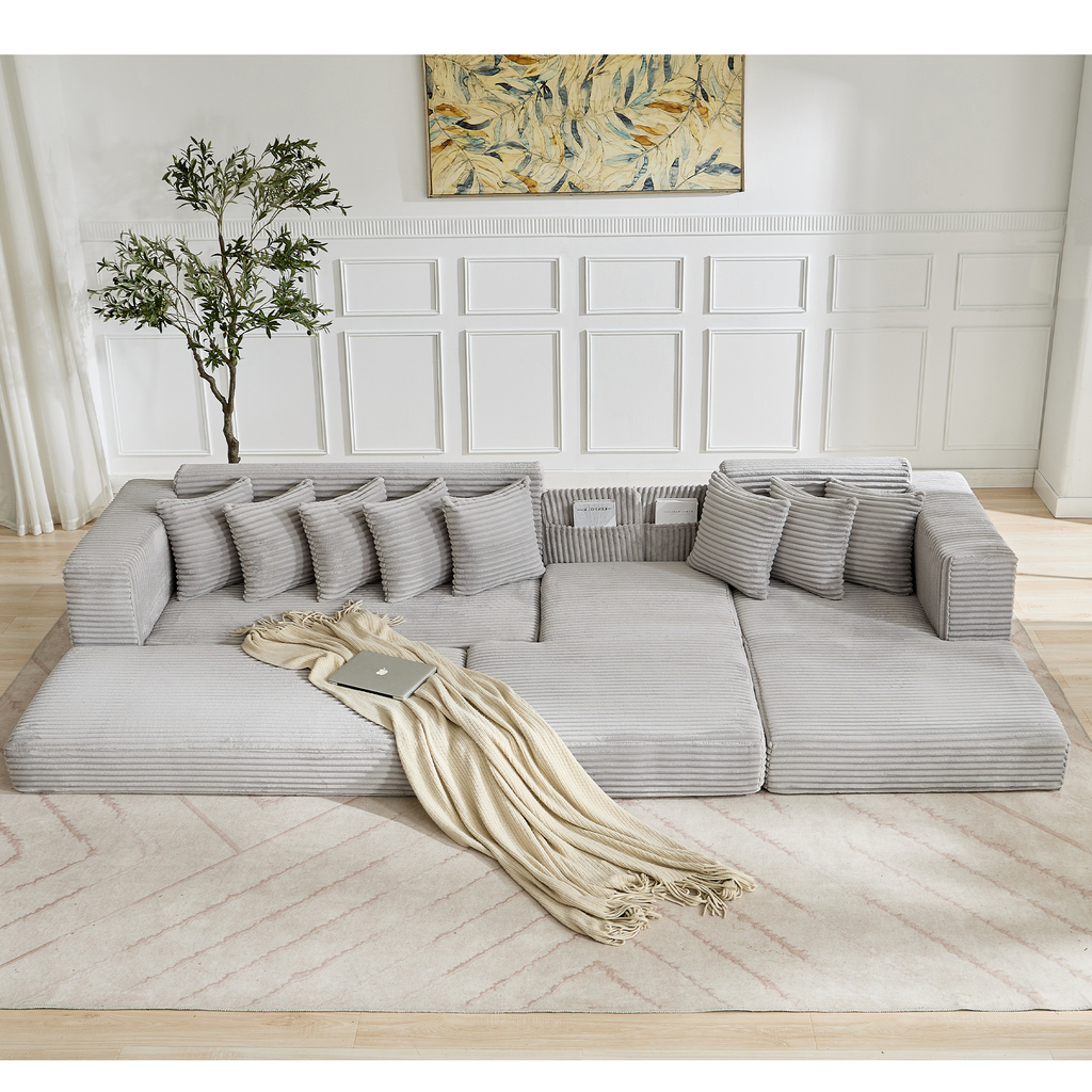 [NEW ARRIVED] [VIDEO PROVIDED] Oversize Cloud Couch, L-Shape Sofa, Convertible Floor Sleeper Sofa Bed, No Assembly ,Eight pillows,3-in-1,Magazine bag,(Right Facing Sofa),3 Seat,Corduroy,Light Gray