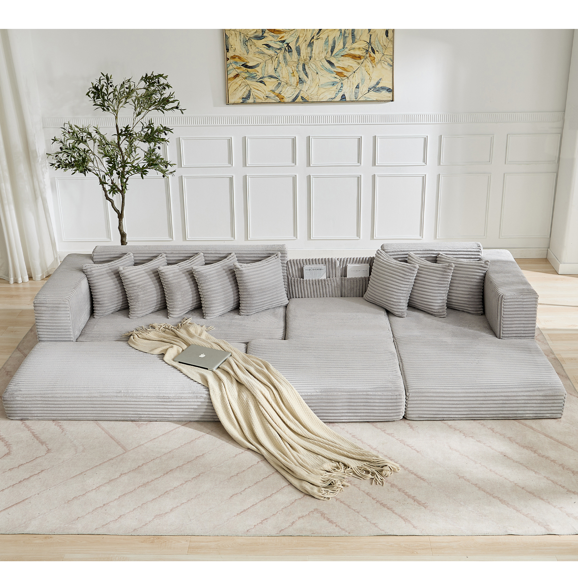 [NEW ARRIVED] [VIDEO PROVIDED] Oversize Cloud Couch, L-Shape Sofa, Convertible Floor Sleeper Sofa Bed, No Assembly ,Eight pillows,3-in-1,Magazine bag,(Right Facing Sofa),3 Seat,Corduroy,Light Gray