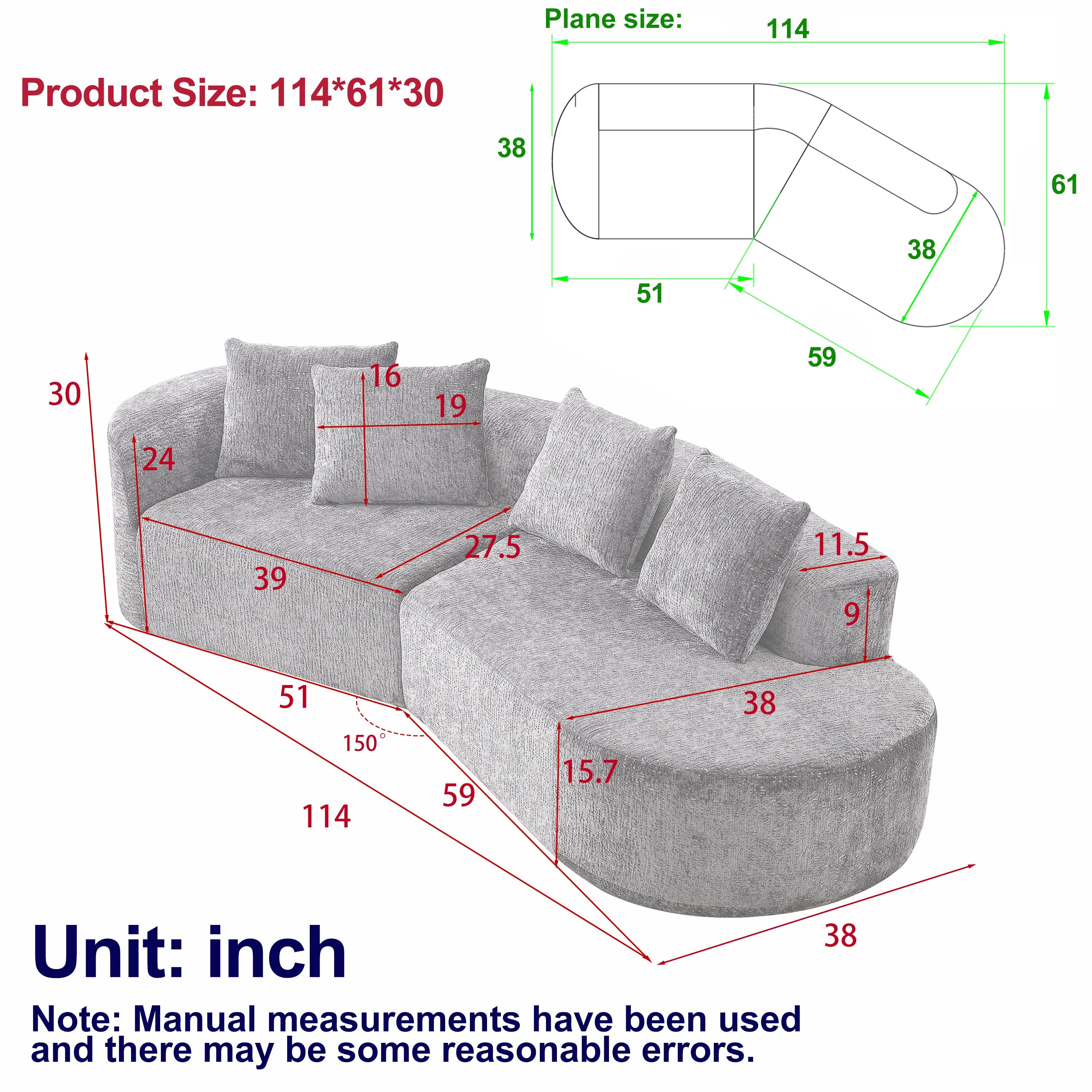 Modern Upholstered Oversized Sectional Sofa, 114-Inch Chenille 4-Seater Extra Deep & Wide Seat Curved Cloud Couch with 4 Throw Pillows, Free Combination Sofa Couch for Living Room,Bedroom
