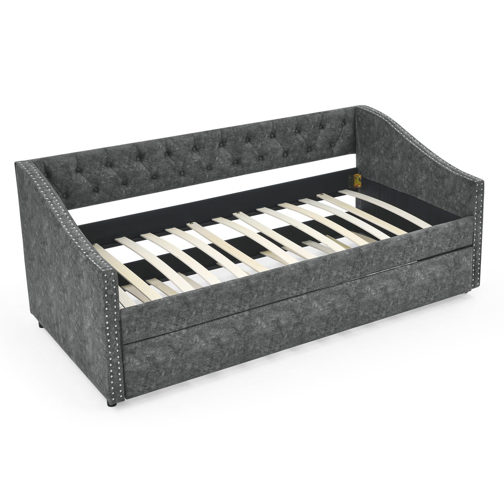 Twin Size Daybed with Twin Size Trundle Upholstered Tufted Sofa Bed, with Button on Back and Copper Nail on Waved Shape Arms, Grey (80.5'x41'x30.5')