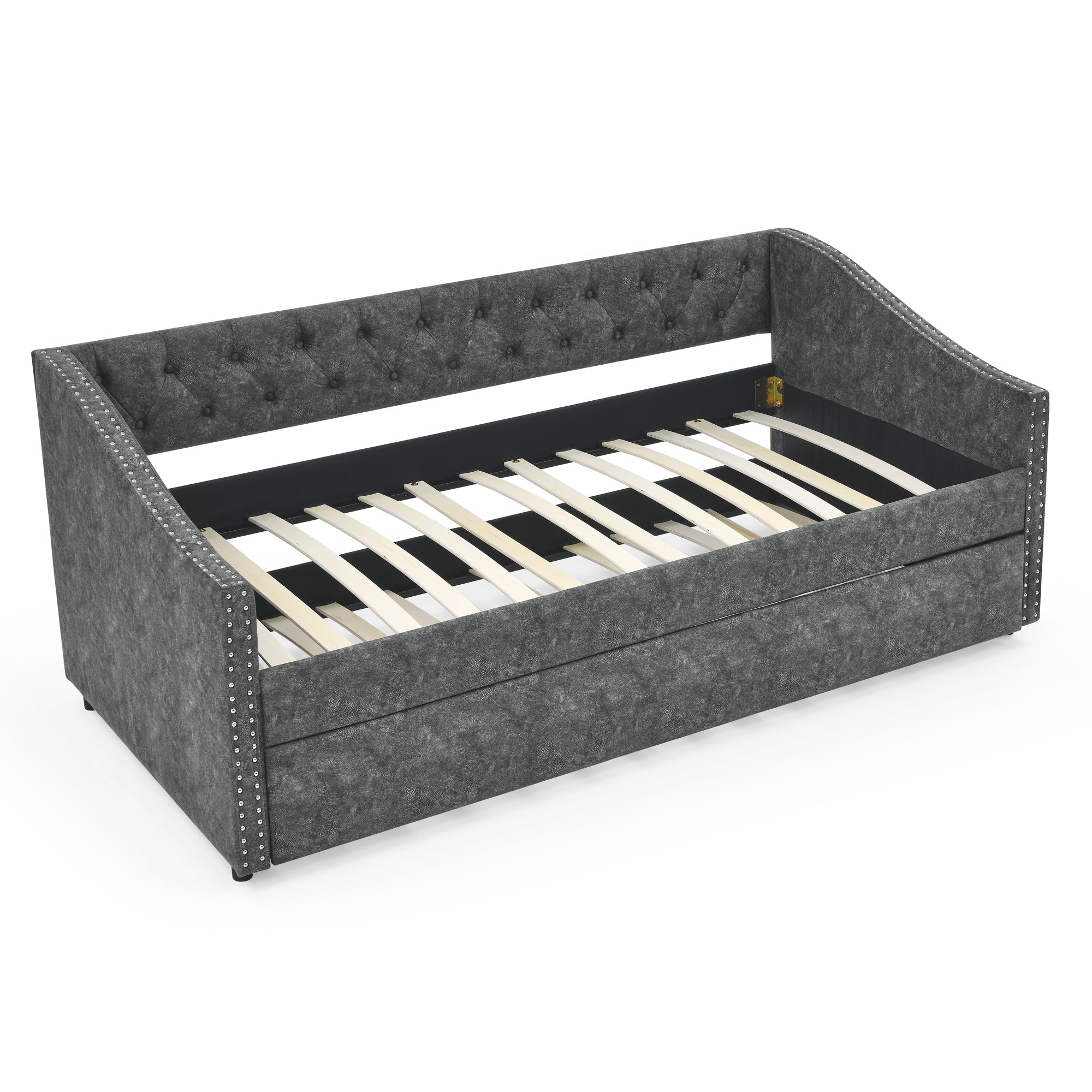 Twin Size Daybed with Twin Size Trundle Upholstered Tufted Sofa Bed, with Button on Back and Copper Nail on Waved Shape Arms, Grey (80.5'x41'x30.5')
