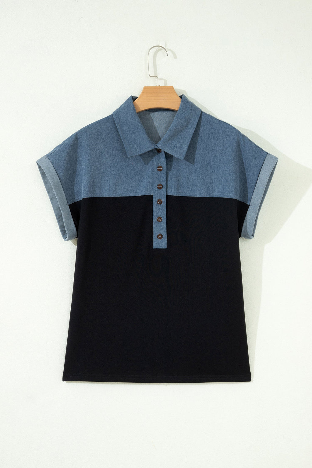 Colorblock Denim Patchwork Polo Collar Top