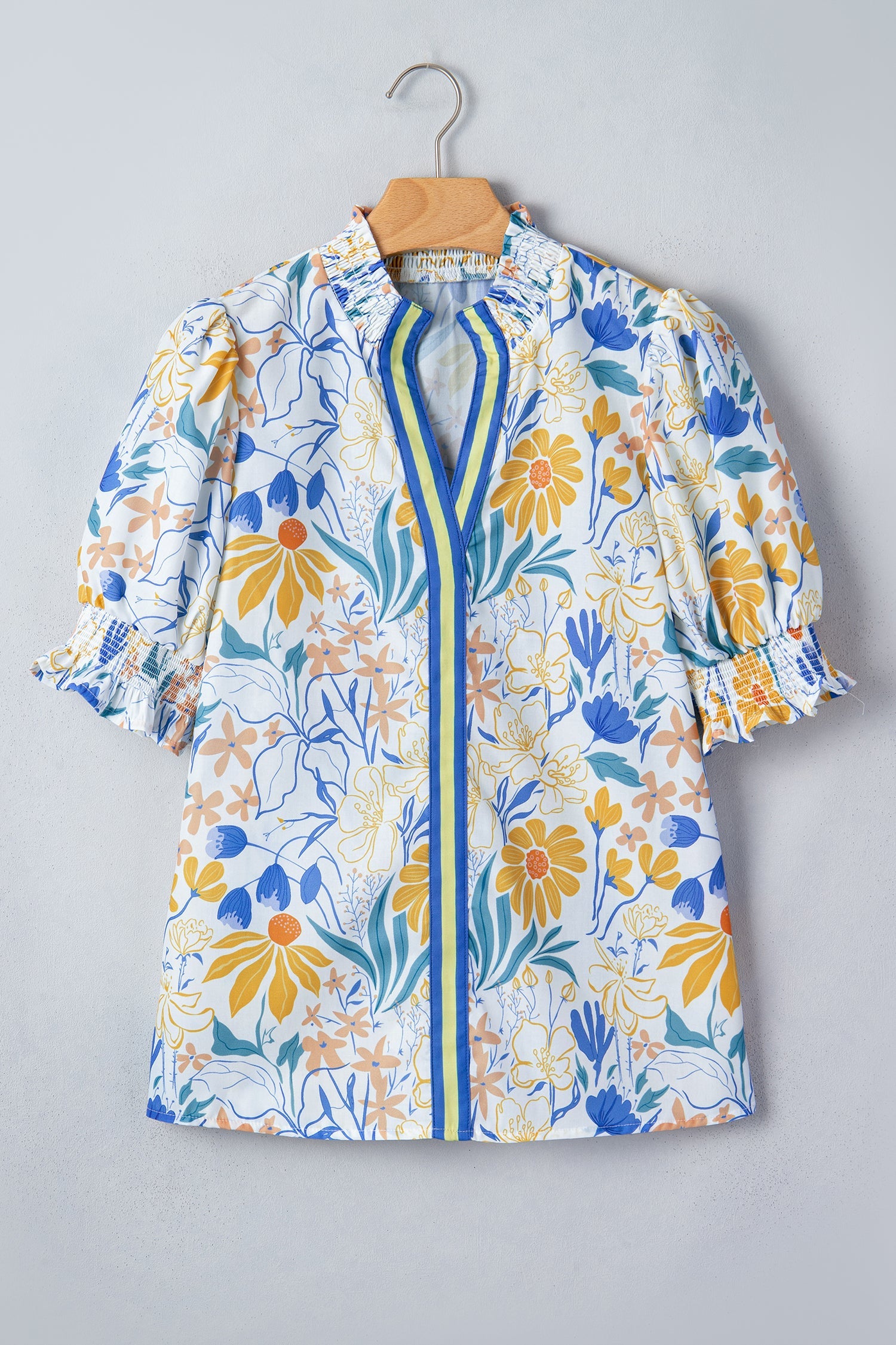 Floral Stripe Trim V-Neck Puff Sleeve Blouse