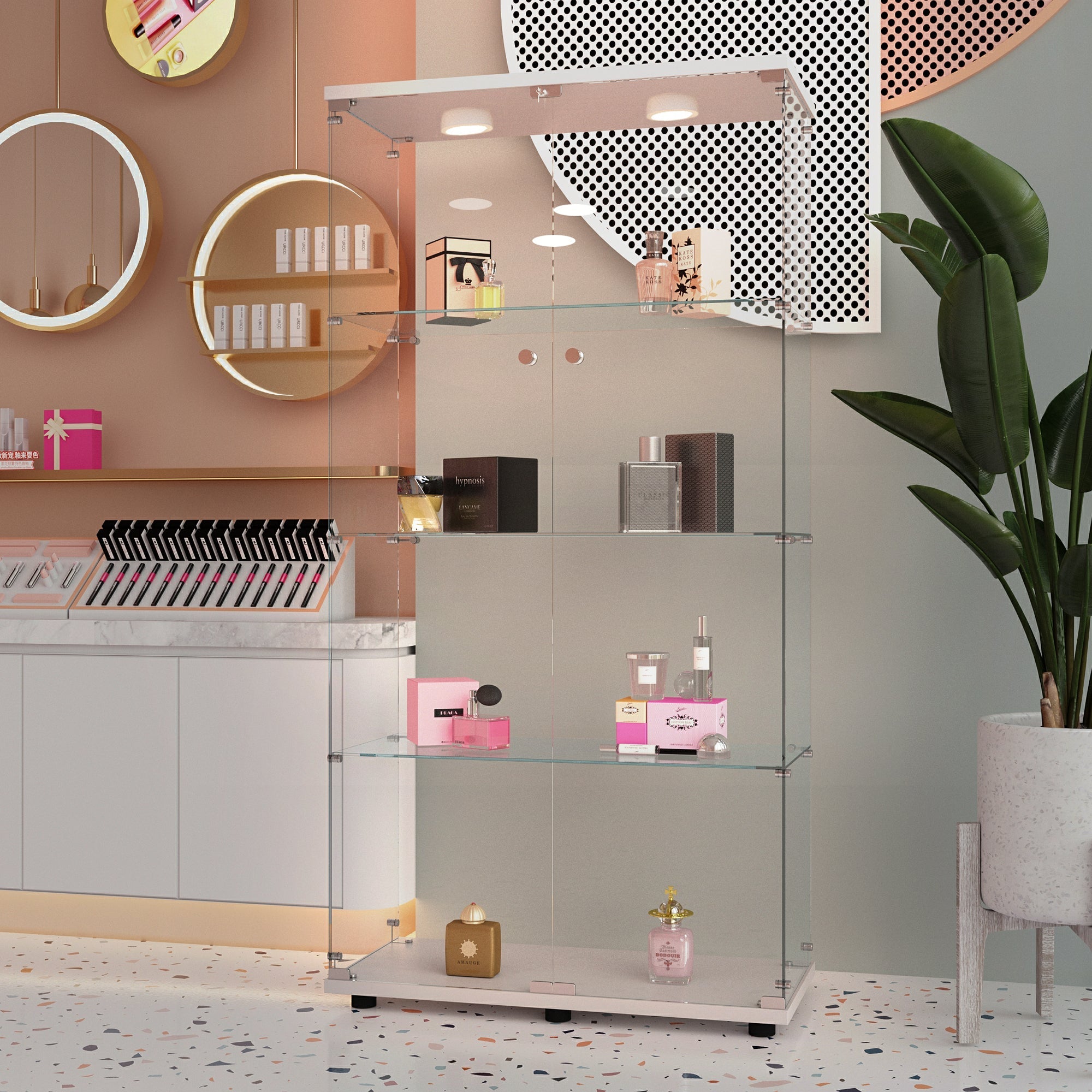 Tempered glass display cabinet,wine cabinet,storage cabinet,file cabinet,with a variety of colors of pat lights,door locks,adjustable floor feet suitable for uneven ground,can be placed anywhere,white