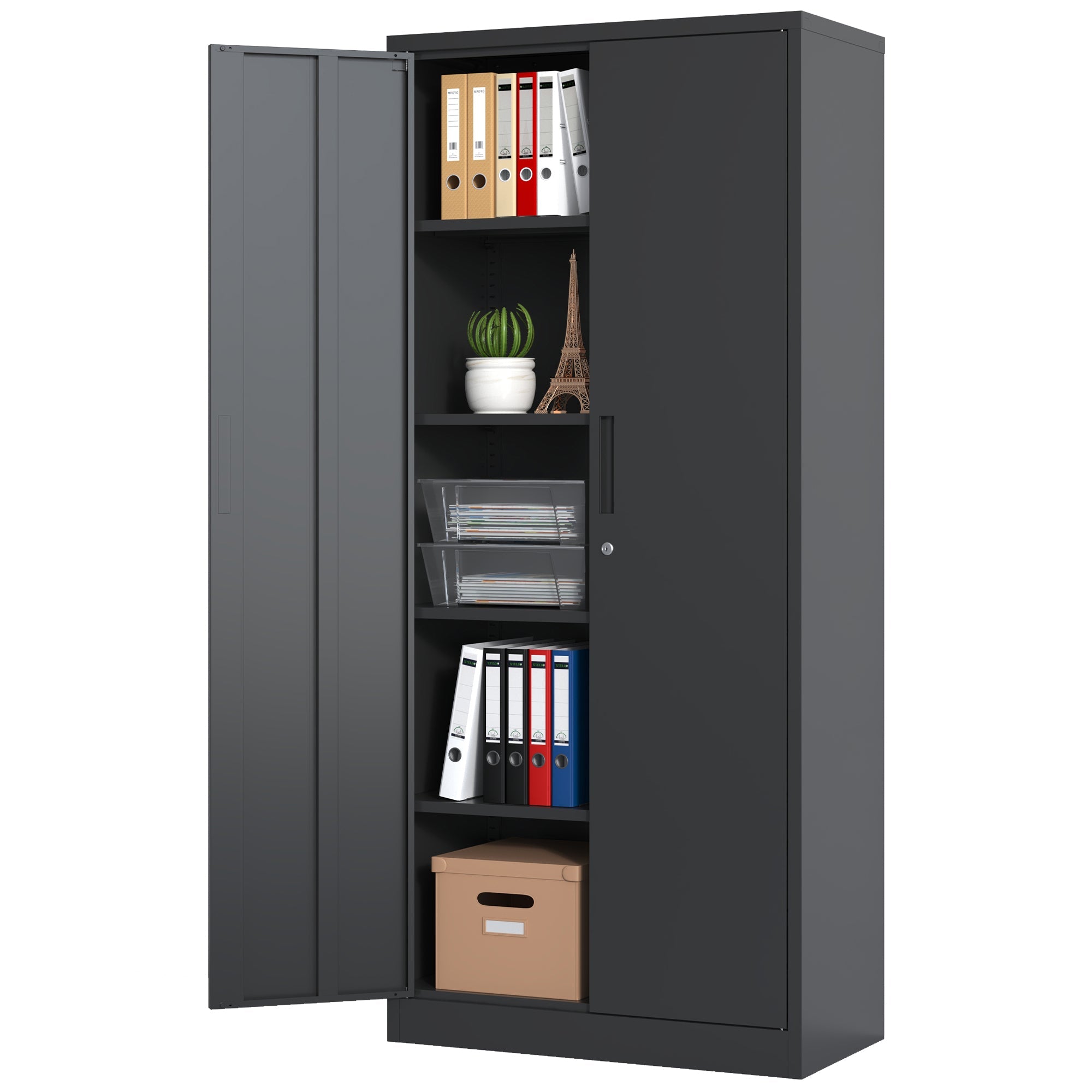 Heavy Metal 72'H Garage Storage Cabinet with Locking Doors, Black Steel, Adjustable Shelves