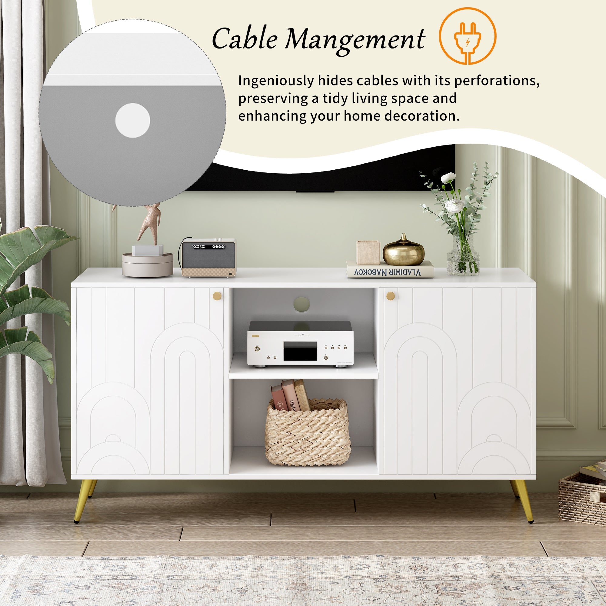 U-Can Modern TV Stand for TVs up to 55 Inches, Entertainment Center Media Console,Adjustable Shelf, Metal Legs, Handles and Anti-tip Device for Living room