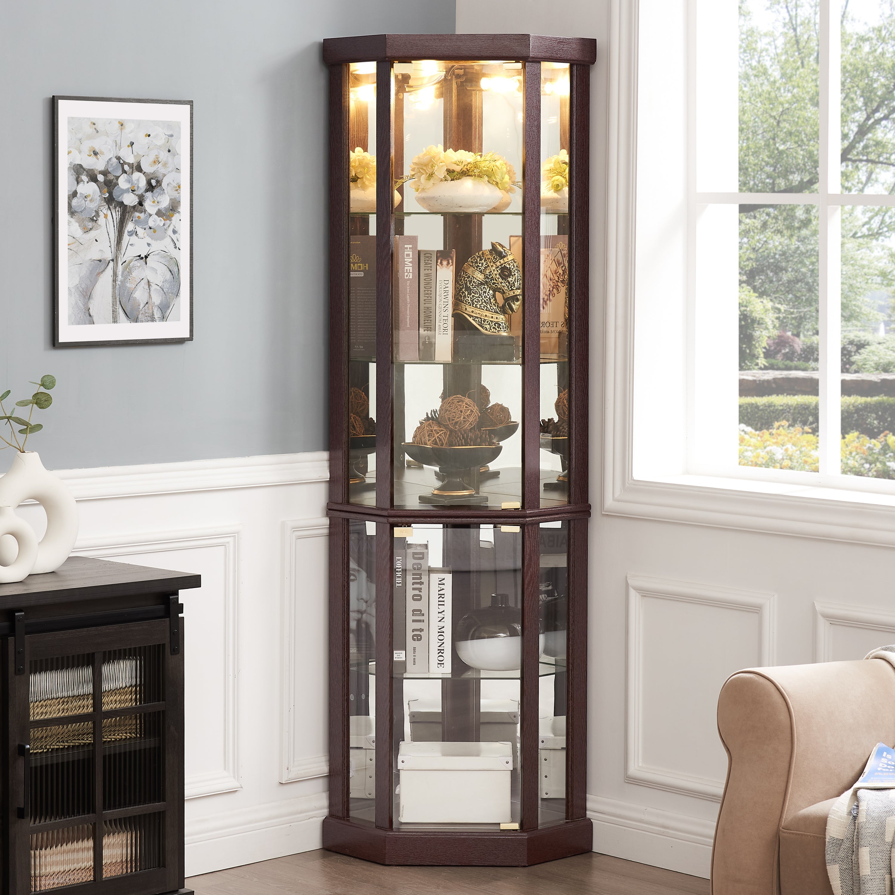Lighted Corner Curio Cabinet - Elegant Glass Display Case for Living Room & Bar Storage - Perfect for Antique Collections & Wine - Includes Built-in Lighting - Dark Cherry