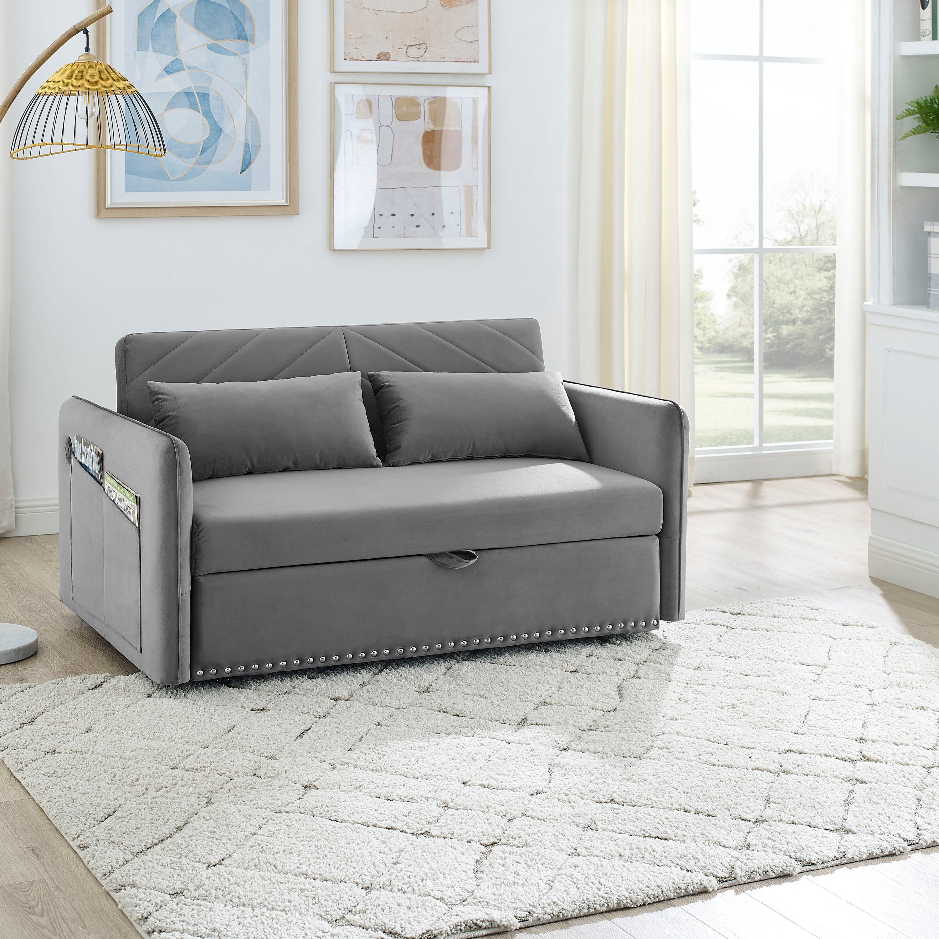 MH' Sleeper Sofa Bed w/USB Port, 3-in-1 adjustable sleeper with pull-out bed, 2 lumbar pillows and side pocket, soft velvet convertible sleeper sofa bed, suitable for living room bedroom