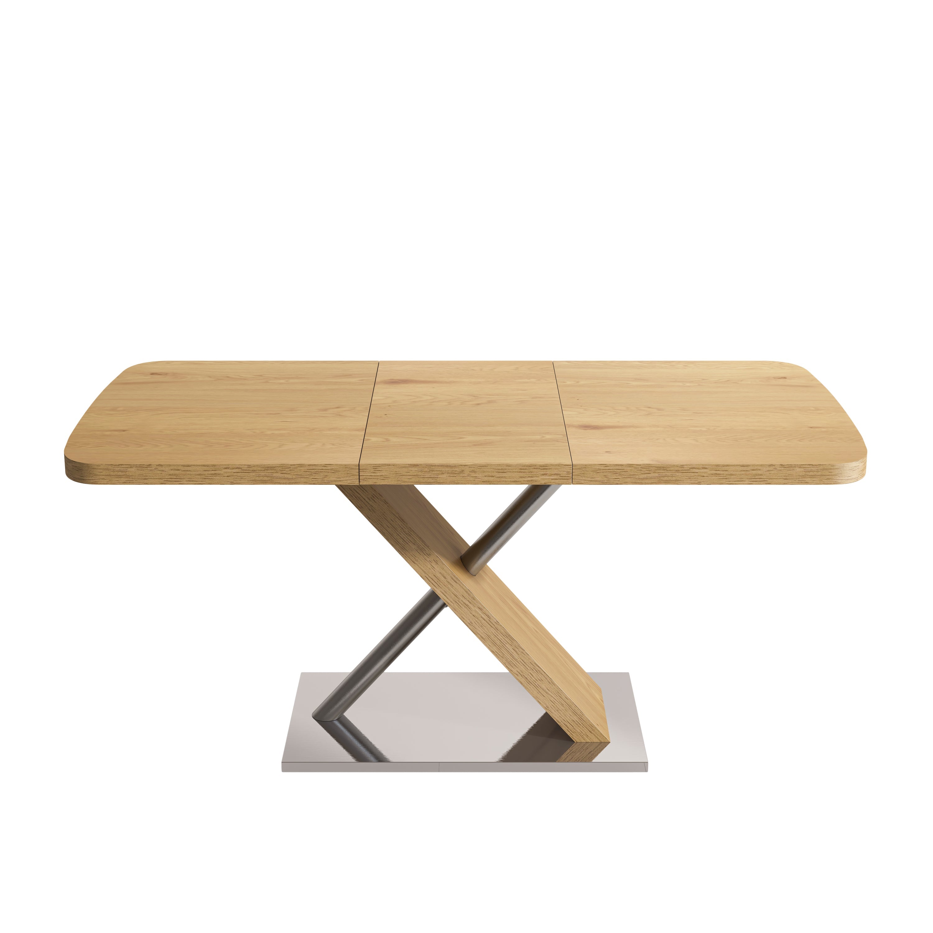 47.25 '-63' Dining Table, Original Wood Color, Seating 4-6 People, Retractable Table, Cross Metal Base and Stainless Steel Tubing(Natural)