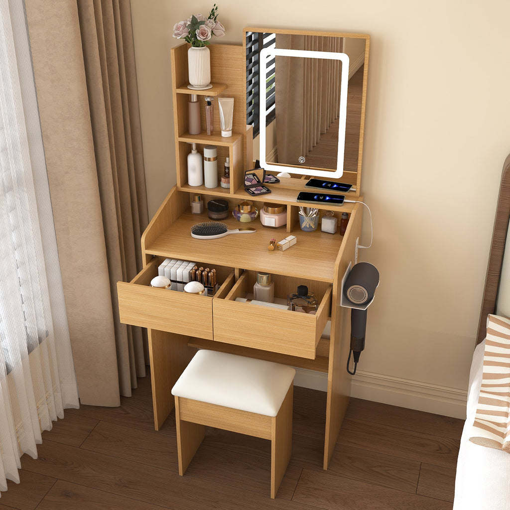 Modern Wood Vanity Table with LED Mirror, Power Outlet, Hairdryer Holder & Padded Stool – Compact Dressing Desk for Small Bedrooms