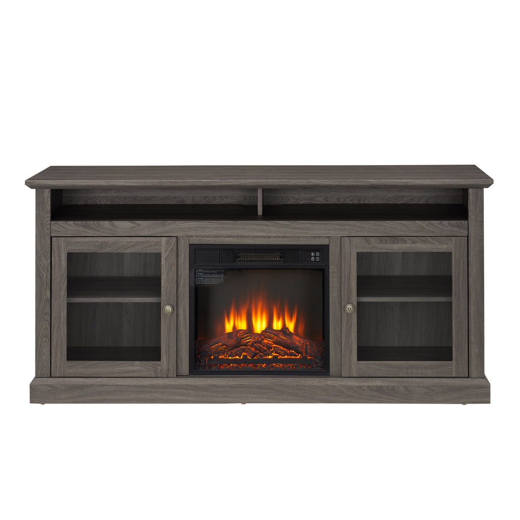 Retro TV Stand for 65'' TV, TV Console Cabinet with Storage, Open Shelves Entertainment Center with 18' Fireplace Insert  for Living Room Dark Walnut 60'W*15.75'D*29'H