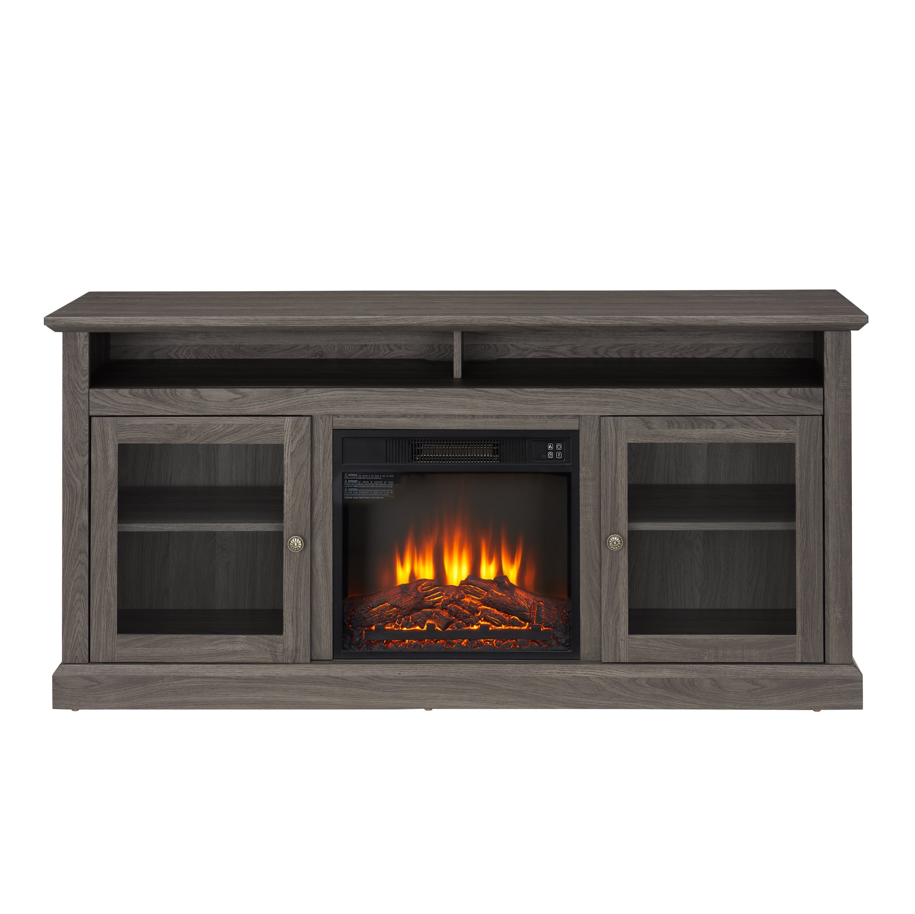 Retro TV Stand for 65'' TV, TV Console Cabinet with Storage, Open Shelves Entertainment Center with 18' Fireplace Insert  for Living Room Dark Walnut 60'W*15.75'D*29'H