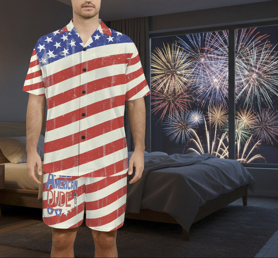 Men's All American Dude Flag Design V-neck Shorts Pajama Set (Made in USA)