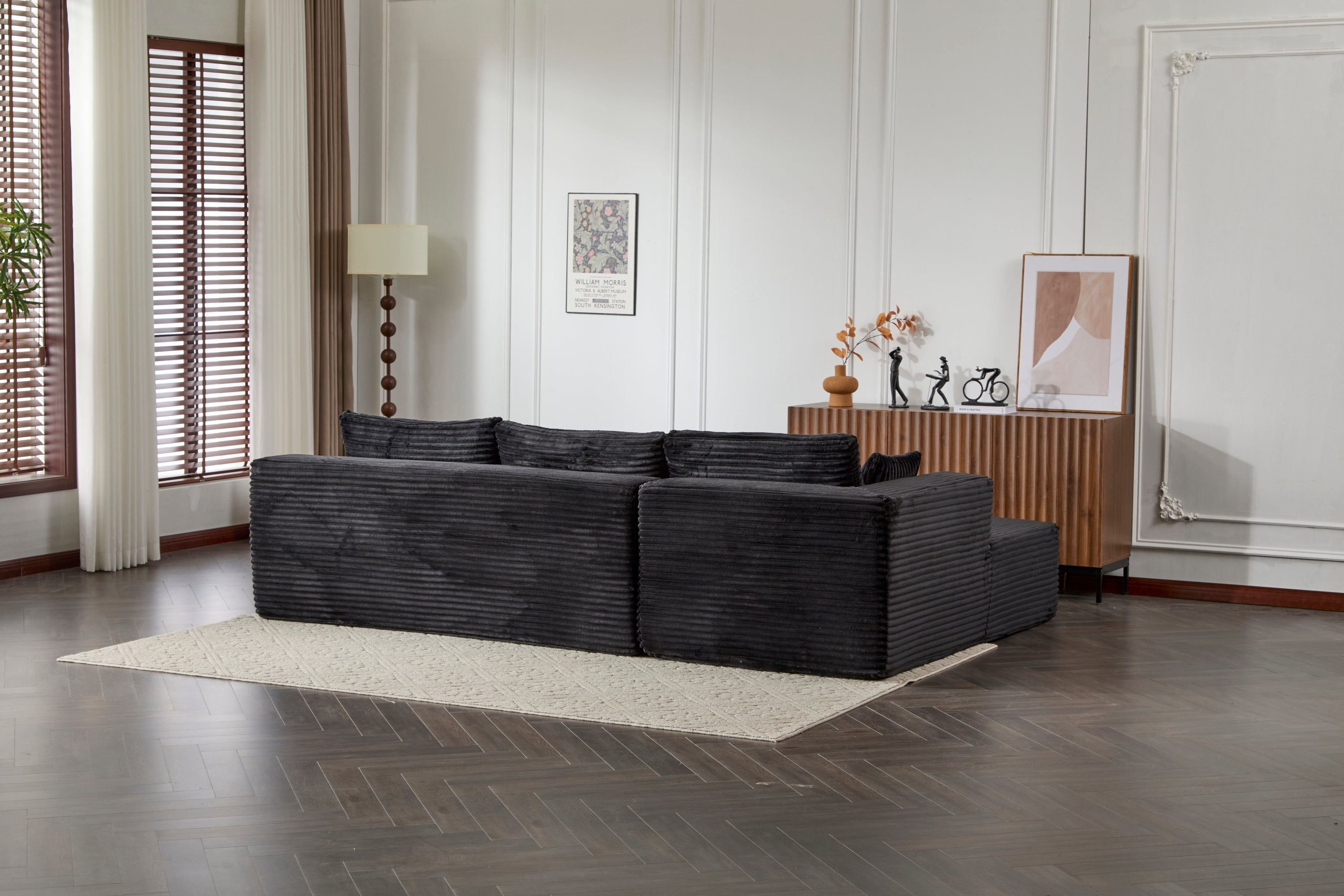 Compression Sectional Couch with Comfy Chaise, Boneless L Shape Sofa with Deep Seat, Minimalist Modular Couches Sleeper for Living Room Bedroom Apartment Lounge,corduroy,Black