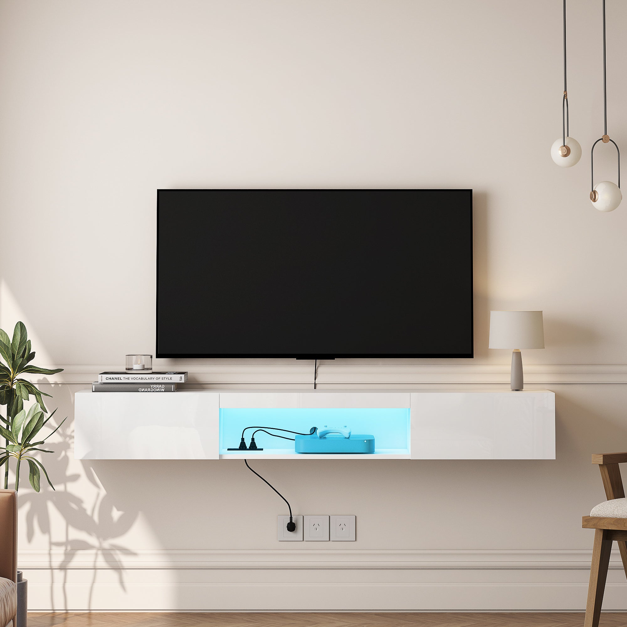 Floating TV Stand Wall Mounted with 16 Color LEDs,63' Modern TV Stand,Floating TV Cabinet Entertainment Center for 55 60 65 Inch TV,White