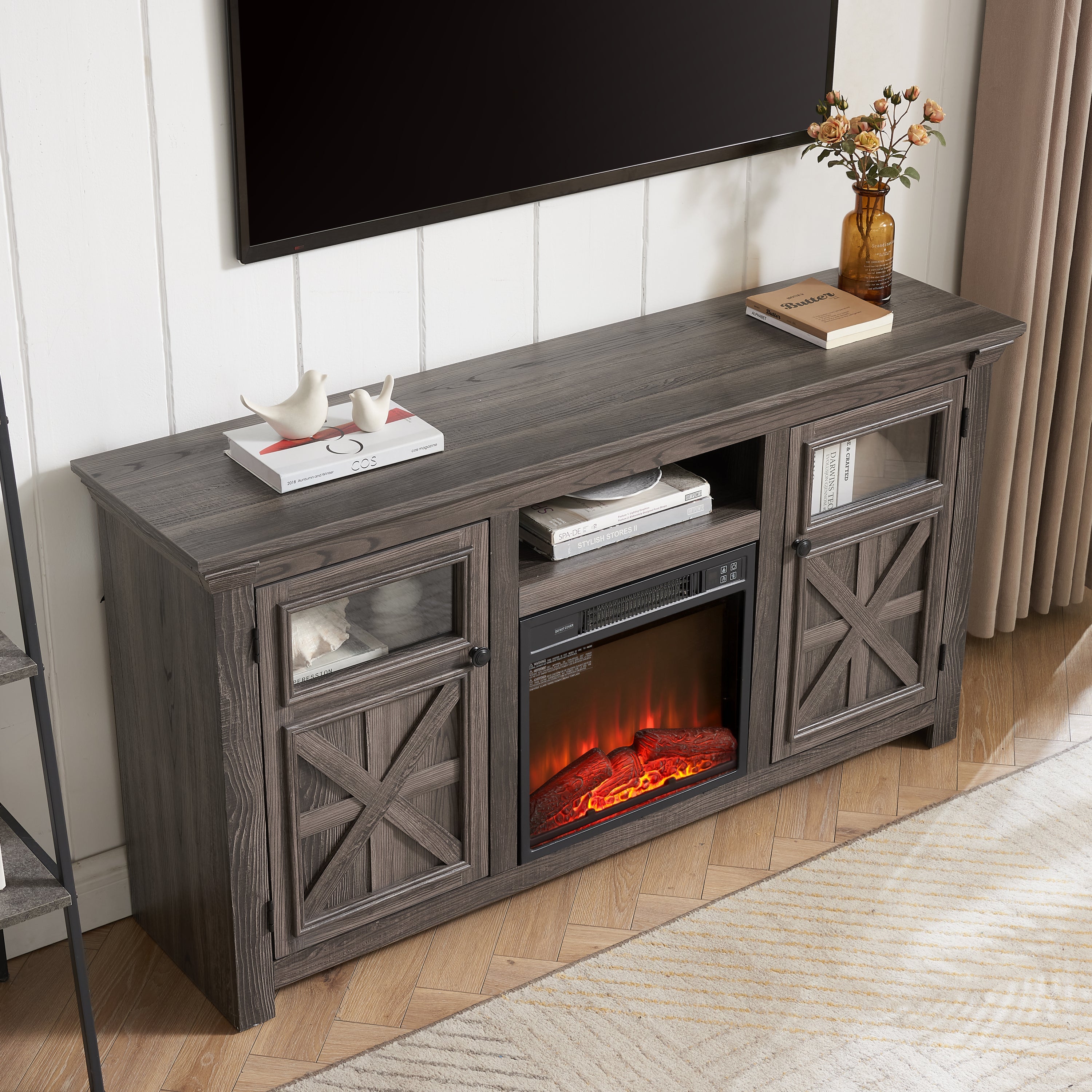 2 Doors Cabinet Farmhouse  Cabinet, Farmhouse TV Stand Barn Design,Farmhouse TV Media Stand, Large Barn Inspired Home Entertainment Console with 18' fireplace insert,GREY, 60.23'W*15.35'D*31.7'H