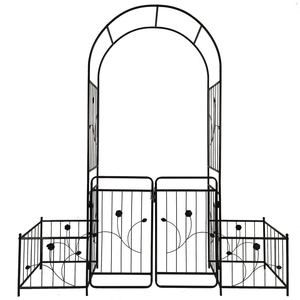 Metal Garden Arch With Gate Wide High Climbing Plants Support Rose Arch Outdoor - Black