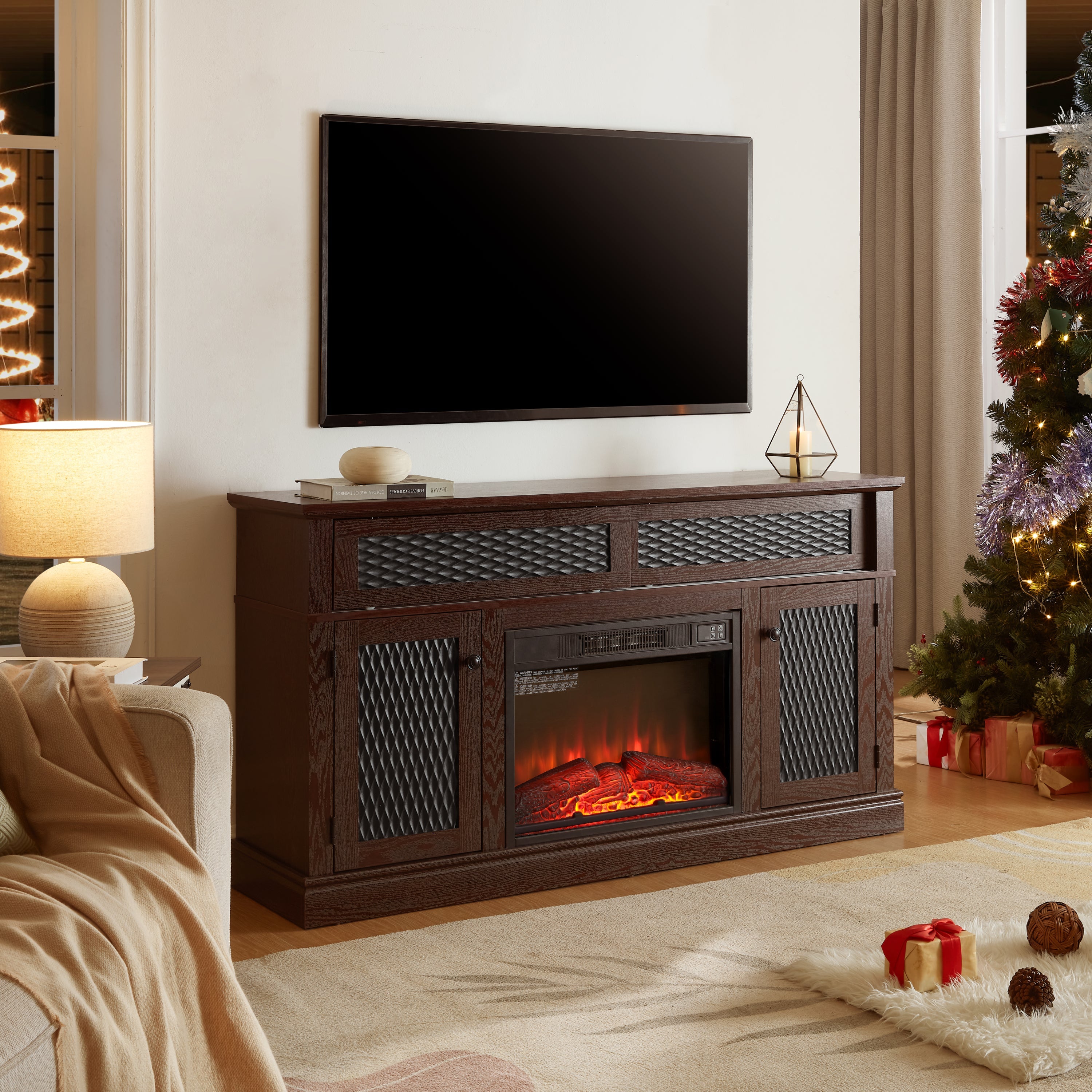 Embossed Pattern TV Stand with 23' fireplace insert,, TV and Media Console with Open and Closed Storage Space and sliding door for Living Room & Bedroom, Dark Cherry, 58.27'W*15.35'W*31.7H