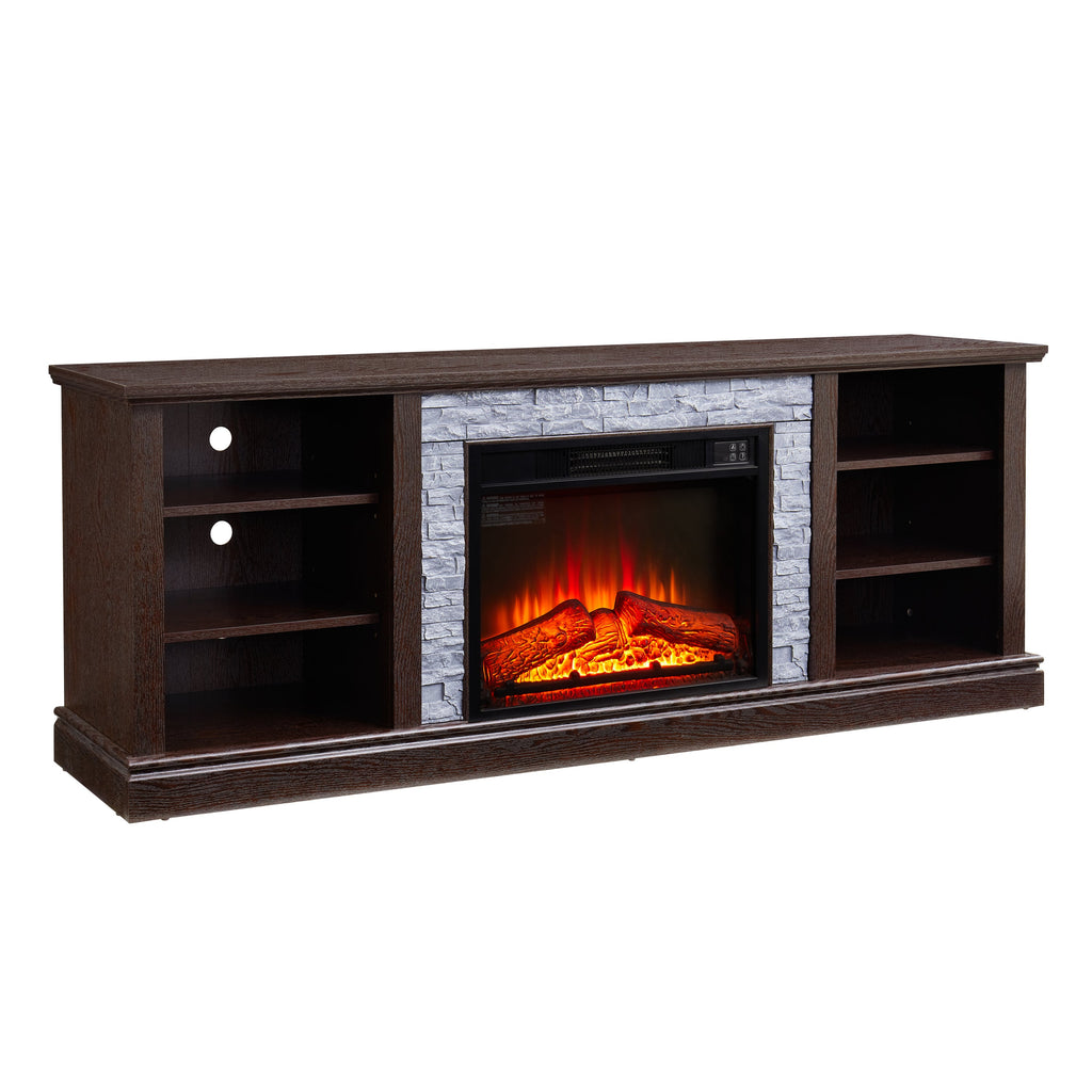 Large TV Desk Storage Rack with Faux Stacked Stone Surround,Media Console Table with Large Storage Cabinet,Modern  TV Media Stand with 23' Fireplace Insert,Cherry, 70.12'W*15.35'D*25.83'H