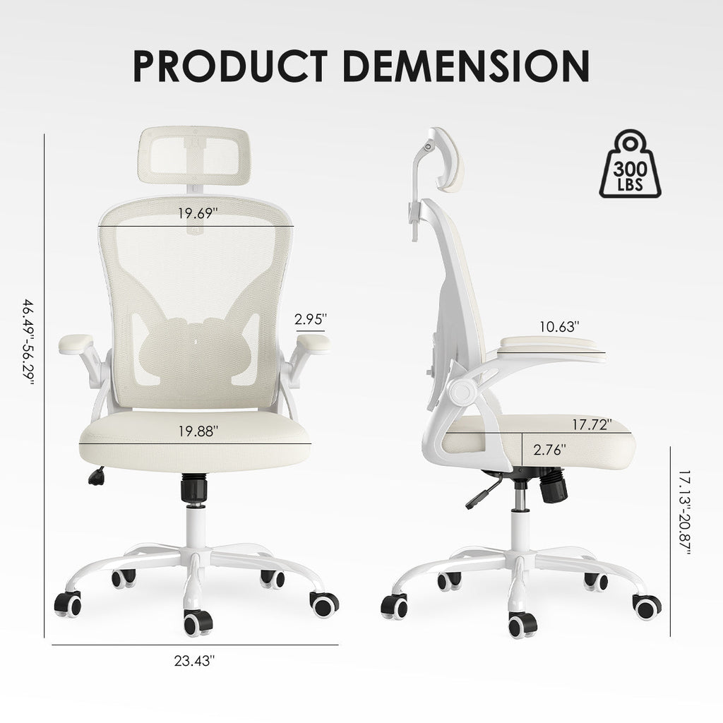 Ergonomic Office Chair, Home Office Desk Chair with Headrest, High Back Computer Chair with Armrests and Adjustable Lumbar Support for Home Office Study Room,White & White